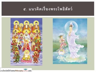 อุดมการณ์โพธิสัตว์เกิดจากการที่พระมหาเทวะแสดงทรรศนะในเชิง
ลดคุณค่าแห่งความเป็ นอรหันต์ ดังนี้
๑. พระอรหันต์อาจถูกมารยั่วยวนในความฝันได้
๒. บุคคลจะรู้ว่าตนเป็ นพระอรหันต์ก็ด้วยอาศัยคาพยากรณ์ของผู้อื่น
๓. พระอรหันต์ยังมีความสงสัยในคาสอนของพระพุทธเจ้า
๔. บุคคลจะบรรลุอรหันต์โดยไม่มีอาจารย์ไม่ได้
๕. บุคคลจะบรรลุอรหันต์ได้ โดยเปล่งอุทานว่า “ทุกข์หนอๆ”
ข้อมูลจากคัมภีร์
“เภทธรรมติจักรศาสตร์”
แต่งโดยท่านวสุมิตร
กาเนิดและพัฒนาการ
จุดนี้เองทาให้สถานะของพระอรหันต์
ถูกประเมินจากสังคมต่าลง
 
