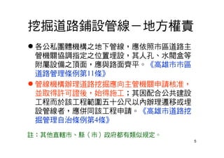 5
挖掘道路鋪設管線－地方權責
 各公私團體機構之地下管線，應依照市區道路主
管機關協調指定之位置埋設，其人孔、水閥盒等
附屬設備之頂面，應與路面齊平。《高雄市市區
道路管理條例第11條》
 管線機構辦理道路挖掘應向主管機關申請核准，
並取得許可證後，始得施工；其因配合公共建設
工程而於該工程範圍五十公尺以內辦理遷移或埋
設管線者，應併同該工程申請。《高雄市道路挖
掘管理自治條例第4條》
註：其他直轄市、縣（市）政府都有類似規定。
 