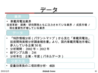 データ
• 変量効果負の二項回帰分析・ GLS
分析方法
• 車載用電池業界
技術革新・提携・研究開発ともに注力されている業界 / 成長市場 /
　現在重要性が増している業界
業界
• 『特許情報分析（パテントマップ）から見た「車載用電池」
技術開発実態分析調査報告書』より、国内車載用電池市場に
参入している企業 30 社
• 分析期間： 2002 年～ 2012 年
• 総サンプル数： 216
• 分析単位：企業－年度（パネルデータ）
データ
2013/12/3 16Mitsuhashi Seminar
 