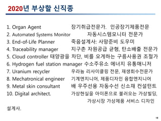 18
2020년 부상할 신직종
1. Organ Agent 장기취급전문가. 인공장기제품전문
2. Automated Systems Monitor 자동시스템모니터 전문가
3. End-of-Life Planner 죽음설계사: 사망준비 도우미
4. Traceability manager 지구촌 자원공급 균형, 탄소배출 전문가
5. Cloud controller 태양광을 차단, 비를 오게하는 구름사용권 조절가
6. Hydrogen fuel station manager 수소주유소 에너지 유통매니저
7. Uranium recycler 우라늄 리사이클링 전문, 재생회수전문가
8. Mechatronical engineer 기계엔지니어, 제품디자인 융합엔지니어
9. Metal skin consultant 배 우주선용 자동수선 신소재 컨설턴트
10. Digital architect. 가상현실을 아이폰으로 불러오는 가상빌딩,
가상시장 가상제품 서비스 디자인
설계사.
 