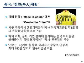 24
중국: ‘천인(千人)계획’
미래 전략 : ‘Made in China” 에서
“Created in China”로 1/28/2011
서구 국가에서 생명과학분야 박사 취득자고급인력 8만명
의 유학생이 중국으로 귀환
해외 과학, 공학, 기업 분야에 종사하는 중국 학자들을
불러들이기 위해 경제침체기 당시 ‘천인계획’ 구성
‘천인(千人)계획’을 통해 국제최고 수준의 연봉과
최대 150만 달러의 연구자금을 지원
출처: 녹색기술센터
 