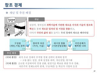 27
상상력, 창의성과 과학기술에 기반한 새로운 지식과 기술의 창조와
혁신을 통해 새로운 일자리 및 시장을 창출하고,
나아가 국민의 삶의 질을 높이는 우리 경제의 새로운 패러다임
창조 경제
 개념 및 추진 배경
구성원
(개인,기업,정부)
창의적 자산
(지식, 기술)
새시장 창출
(기존산업강화)
국민전체가
행복한 나라
상상력, 창의성 창업 좋은 일자리
융합 삶의 질 향상과학기술(ICT)
(국내 환경) 과거 우리 경제의 추격형 경제 전략이 한계에 봉착
- 고용 없는 성장, 잠재 성장률 하락, 청년실업, 양극화
(국제 환경) 글로벌 시장에서의 경쟁 심화, 원천기술 확보를 위한 투자 강화,
자본주의 경제논리의 한계, 구글/애플 등 혁신적 기업의 등장
추진 배경
개념
 