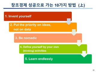 33
창조경제 성공으로 가는 10가지 방법 (上)
1. Invent yourself
2. Put the priority on ideas,
not on data
3. Be nomadic
4. Define yourself by your own
(thinking) activities
5. Learn endlessly
 
