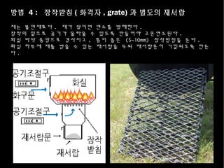 방법 4 : 장작받침 ( 화격자 , grate) 과 별도의 재서랍
재는 불연재료다 . 재가 쌓이면 연소를 방해한다 .
장작의 밑으로 공기가 올라올 수 있도록 만들어야 고온연소된다 .
화실 바닥 중앙으로 경사지고 , 틈이 좁은 (5~10mm) 장작받침을 둔다 .
화실 하부에 재를 받을 수 있는 재서랍을 두되 재서랍문이 기밀되도록 만든
다 .
 