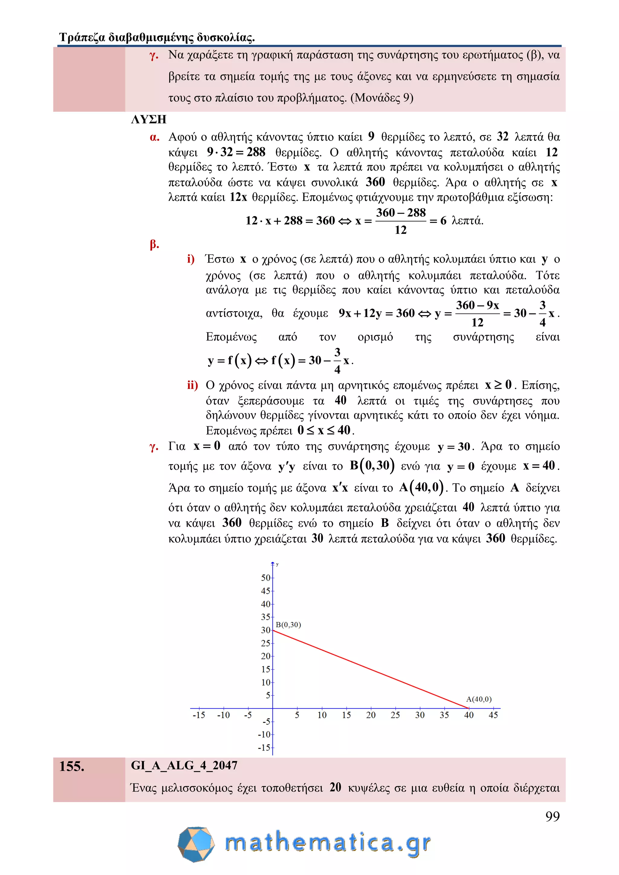 Τράπεζα διαβαθμισμένης δυσκολίας.
99
γ. Να χαράξετε τη γραφική παράσταση της συνάρτησης του ερωτήματος (β), να
βρείτε τα σημεία τομής της με τους άξονες και να ερμηνεύσετε τη σημασία
τους στο πλαίσιο του προβλήματος. (Μονάδες 9)
ΛΥΣΗ
α. Αφού ο αθλητής κάνοντας ύπτιο καίει 9 θερμίδες το λεπτό, σε 32 λεπτά θα
κάψει 9 32 288  θερμίδες. Ο αθλητής κάνοντας πεταλούδα καίει 12
θερμίδες το λεπτό. Έστω x τα λεπτά που πρέπει να κολυμπήσει ο αθλητής
πεταλούδα ώστε να κάψει συνολικά 360 θερμίδες. Άρα ο αθλητής σε x
λεπτά καίει 12x θερμίδες. Επομένως φτιάχνουμε την πρωτοβάθμια εξίσωση:
360 288
12 x 288 360 x 6
12

      λεπτά.
β.
i) Έστω x ο χρόνος (σε λεπτά) που ο αθλητής κολυμπάει ύπτιο και y ο
χρόνος (σε λεπτά) που ο αθλητής κολυμπάει πεταλούδα. Τότε
ανάλογα με τις θερμίδες που καίει κάνοντας ύπτιο και πεταλούδα
αντίστοιχα, θα έχουμε
360 9x 3
9x 12y 360 y 30 x
12 4

      .
Επομένως από τον ορισμό της συνάρτησης είναι
   
3
y f x f x 30 x
4
    .
ii) Ο χρόνος είναι πάντα μη αρνητικός επομένως πρέπει x 0 . Επίσης,
όταν ξεπεράσουμε τα 40 λεπτά οι τιμές της συνάρτησες που
δηλώνουν θερμίδες γίνονται αρνητικές κάτι το οποίο δεν έχει νόημα.
Επομένως πρέπει 0 x 40  .
γ. Για x 0 από τον τύπο της συνάρτησης έχουμε y 30 . Άρα το σημείο
τομής με τον άξονα y y είναι το  B 0,30 ενώ για y 0 έχουμε x 40 .
Άρα το σημείο τομής με άξονα x x είναι το  Α 40,0 . Το σημείο Α δείχνει
ότι όταν ο αθλητής δεν κολυμπάει πεταλούδα χρειάζεται 40 λεπτά ύπτιο για
να κάψει 360 θερμίδες ενώ το σημείο Β δείχνει ότι όταν ο αθλητής δεν
κολυμπάει ύπτιο χρειάζεται 30 λεπτά πεταλούδα για να κάψει 360 θερμίδες.
155. GI_A_ALG_4_2047
Ένας μελισσοκόμος έχει τοποθετήσει 20 κυψέλες σε μια ευθεία η οποία διέρχεται
 