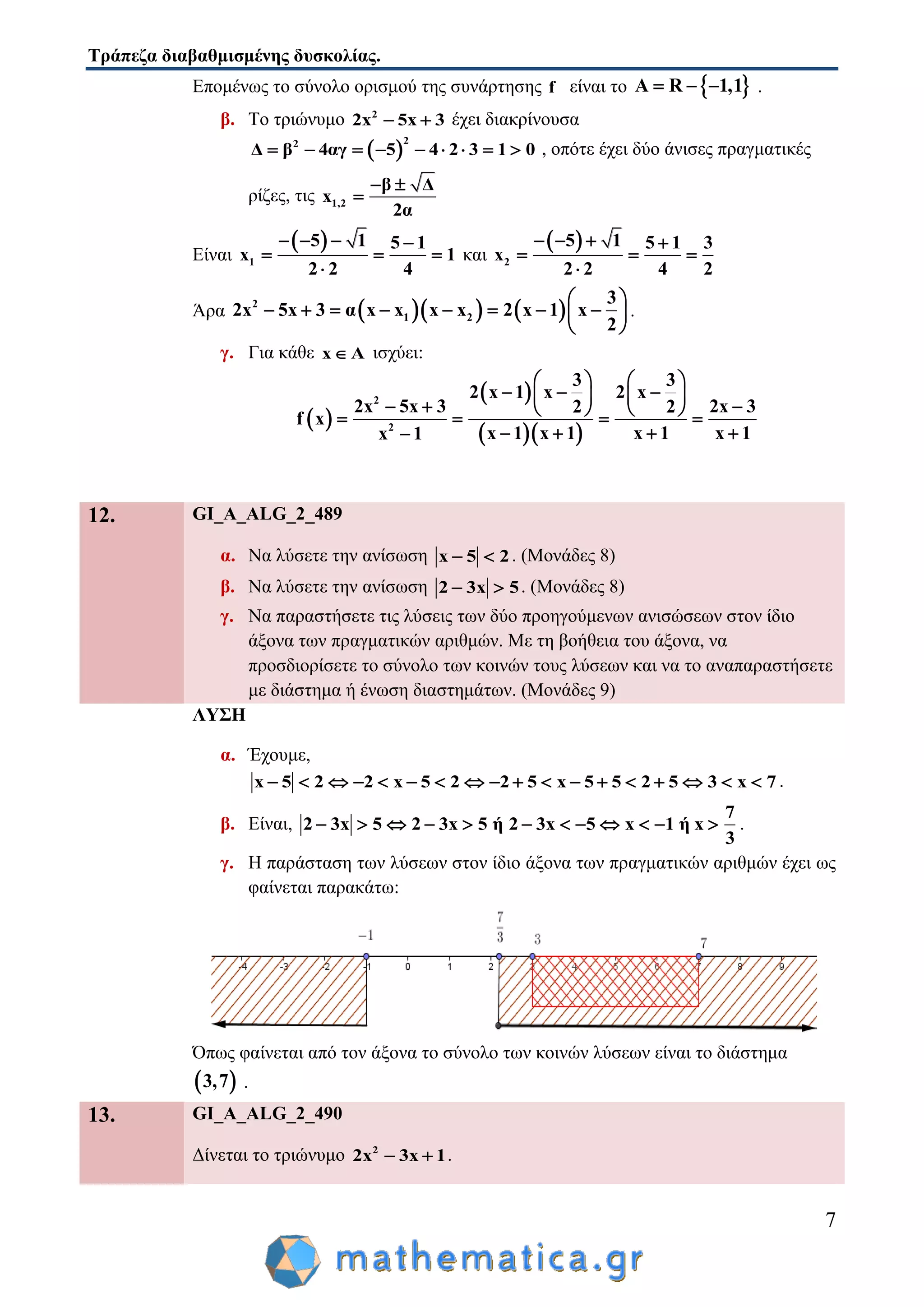 Τράπεζα διαβαθμισμένης δυσκολίας.
7
Επομένως το σύνολο ορισμού της συνάρτησης f είναι το  A R 1,1   .
β. Το τριώνυμο 2
2x 5x 3  έχει διακρίνουσα
 
22
Δ β 4αγ 5 4 2 3 1 0         , οπότε έχει δύο άνισες πραγματικές
ρίζες, τις 1,2
β Δ
x
2α
 

Είναι
 
1
5 1 5 1
x 1
2 2 4
   
  

και
 
2
5 1 5 1 3
x
2 2 4 2
   
  

Άρα     2
1 2
3
2x 5x 3 α x x x x 2 x 1 x
2
 
        
 
.
γ. Για κάθε x A ισχύει:
 
 
  
2
2
3 3
2 x 1 x 2 x
2x 5x 3 2x 32 2
f x
x 1 x 1x 1 x 1x 1
   
             
  
12. GI_A_ALG_2_489
α. Να λύσετε την ανίσωση x 5 2  . (Μονάδες 8)
β. Να λύσετε την ανίσωση 2 3x 5  . (Μονάδες 8)
γ. Να παραστήσετε τις λύσεις των δύο προηγούμενων ανισώσεων στον ίδιο
άξονα των πραγματικών αριθμών. Με τη βοήθεια του άξονα, να
προσδιορίσετε το σύνολο των κοινών τους λύσεων και να το αναπαραστήσετε
με διάστημα ή ένωση διαστημάτων. (Μονάδες 9)
ΛΥΣΗ
α. Έχουμε,
x 5 2 2 x 5 2 2 5 x 5 5 2 5 3 x 7                  .
β. Είναι,
7
2 3x 5 2 3x 5 ή 2 3x 5 x 1 ή x
3
            .
γ. Η παράσταση των λύσεων στον ίδιο άξονα των πραγματικών αριθμών έχει ως
φαίνεται παρακάτω:
Όπως φαίνεται από τον άξονα το σύνολο των κοινών λύσεων είναι το διάστημα
 3,7 .
13. GI_A_ALG_2_490
Δίνεται το τριώνυμο 2
2x 3x 1  .
 