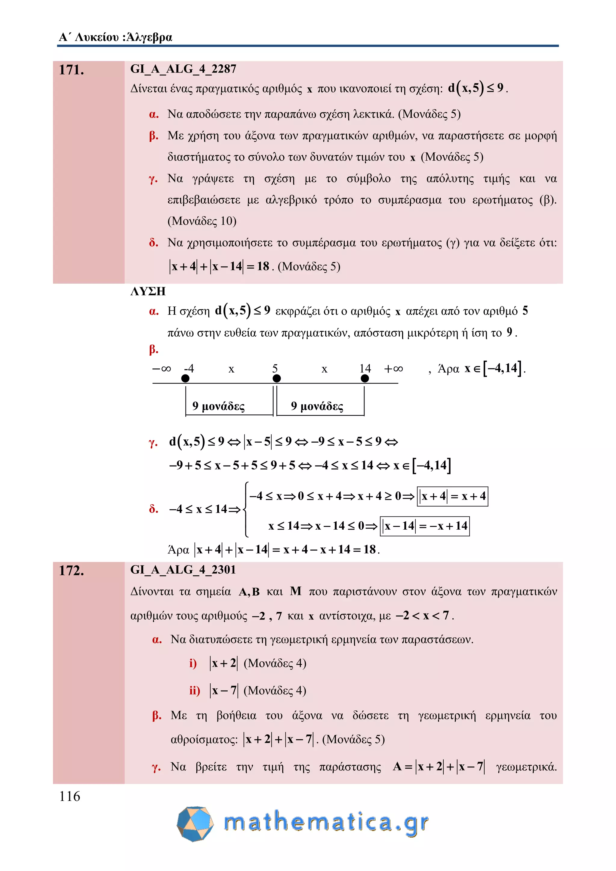 Α΄ Λυκείου :Άλγεβρα
116
171. GI_A_ALG_4_2287
Δίνεται ένας πραγματικός αριθμός x που ικανοποιεί τη σχέση:  d x,5 9 .
α. Να αποδώσετε την παραπάνω σχέση λεκτικά. (Μονάδες 5)
β. Με χρήση του άξονα των πραγματικών αριθμών, να παραστήσετε σε μορφή
διαστήματος το σύνολο των δυνατών τιμών του x (Μονάδες 5)
γ. Να γράψετε τη σχέση με το σύμβολο της απόλυτης τιμής και να
επιβεβαιώσετε με αλγεβρικό τρόπο το συμπέρασμα του ερωτήματος (β).
(Μονάδες 10)
δ. Να χρησιμοποιήσετε το συμπέρασμα του ερωτήματος (γ) για να δείξετε ότι:
x 4 x 14 18    . (Μονάδες 5)
ΛΥΣΗ
α. Η σχέση  d x,5 9 εκφράζει ότι ο αριθμός x απέχει από τον αριθμό 5
πάνω στην ευθεία των πραγματικών, απόσταση μικρότερη ή ίση το 9 .
β.
-4 x 5 x 14 , Άρα  x 4,14  .
9 μονάδες 9 μονάδες
γ.  d x,5 9 x 5 9 9 x 5 9         
 9 5 x 5 5 9 5 4 x 14 x 4,14             
δ.
4 x 0 x 4 4 0 x 4 x 4
4 x 14
x 14 14 0 x 14 x 14
x
x

           
    
         

Άρα x 4 x 14 x 4 x 14 18        .
172. GI_A_ALG_4_2301
Δίνονται τα σημεία A,B και M που παριστάνουν στον άξονα των πραγματικών
αριθμών τους αριθμούς 2 , 7 και x αντίστοιχα, με 2 x 7   .
α. Να διατυπώσετε τη γεωμετρική ερμηνεία των παραστάσεων.
i) x 2 (Μονάδες 4)
ii) x 7 (Μονάδες 4)
β. Με τη βοήθεια του άξονα να δώσετε τη γεωμετρική ερμηνεία του
αθροίσματος: x 2 x 7   . (Μονάδες 5)
γ. Να βρείτε την τιμή της παράστασης A x 2 x 7    γεωμετρικά.
 