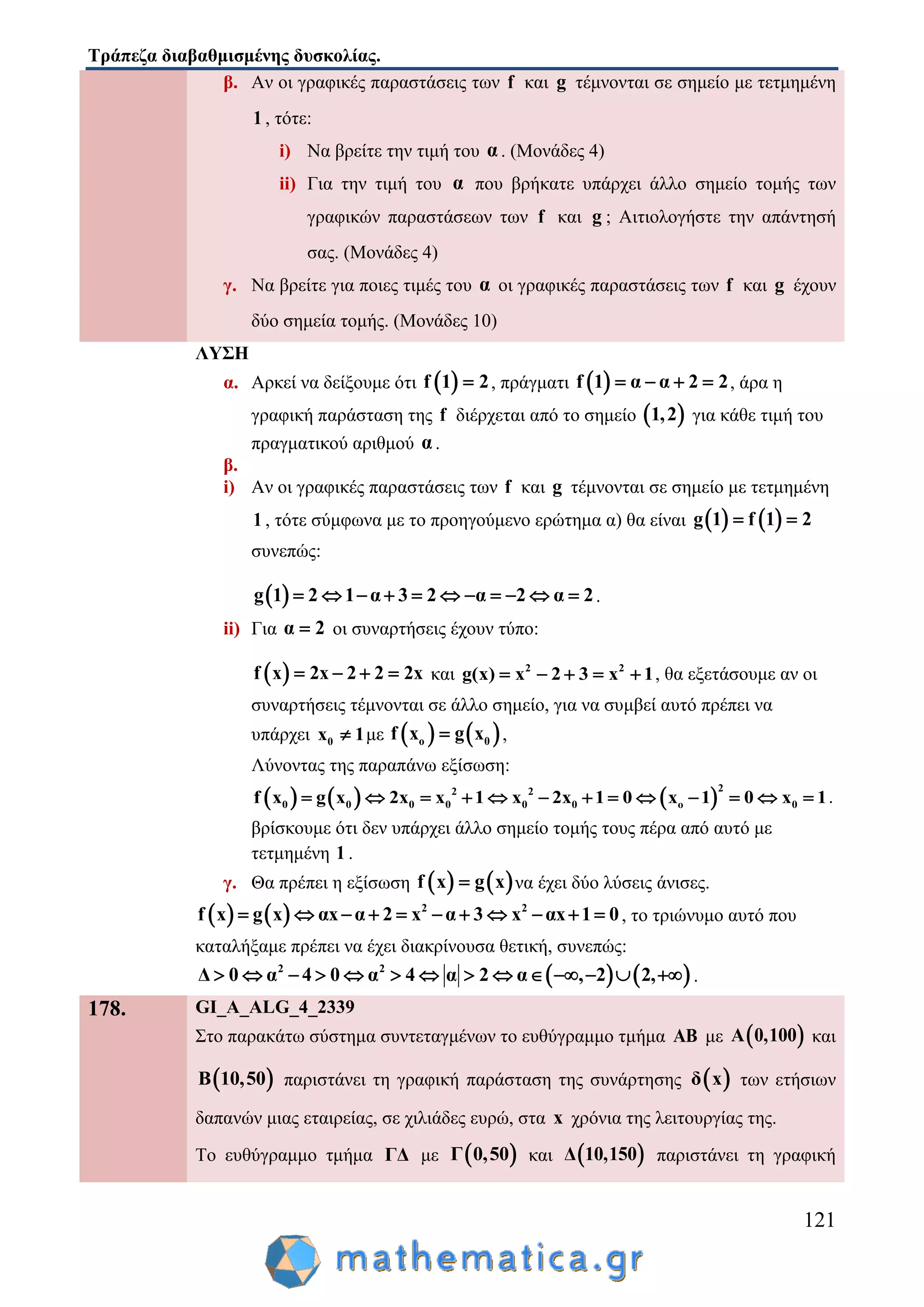 Τράπεζα διαβαθμισμένης δυσκολίας.
121
β. Αν οι γραφικές παραστάσεις των f και g τέμνονται σε σημείο με τετμημένη
1 , τότε:
i) Να βρείτε την τιμή του α . (Μονάδες 4)
ii) Για την τιμή του α που βρήκατε υπάρχει άλλο σημείο τομής των
γραφικών παραστάσεων των f και g ; Αιτιολογήστε την απάντησή
σας. (Μονάδες 4)
γ. Να βρείτε για ποιες τιμές του α οι γραφικές παραστάσεις των f και g έχουν
δύο σημεία τομής. (Μονάδες 10)
ΛΥΣΗ
α. Αρκεί να δείξουμε ότι  f 1 2 , πράγματι  f 1 α α 2 2    , άρα η
γραφική παράσταση της f διέρχεται από το σημείο  1,2 για κάθε τιμή του
πραγματικού αριθμού α .
β.
i) Αν οι γραφικές παραστάσεις των f και g τέμνονται σε σημείο με τετμημένη
1 , τότε σύμφωνα με το προηγούμενο ερώτημα α) θα είναι    g 1 f 1 2 
συνεπώς:
 g 1 2 1 α 3 2 α 2 α 2           .
ii) Για α 2 οι συναρτήσεις έχουν τύπο:
 f x 2x 2 2 2x    και 2 2
g(x) x 2 3 x 1     , θα εξετάσουμε αν οι
συναρτήσεις τέμνονται σε άλλο σημείο, για να συμβεί αυτό πρέπει να
υπάρχει 0x 1 με    o 0f x g x ,
Λύνοντας της παραπάνω εξίσωση:
     
22 2
0 0 0 0 0 0 o 0f x g x 2x x 1 x 2x 1 0 x 1 0 x 1             .
βρίσκουμε ότι δεν υπάρχει άλλο σημείο τομής τους πέρα από αυτό με
τετμημένη 1 .
γ. Θα πρέπει η εξίσωση    f x g x να έχει δύο λύσεις άνισες.
    2 2
f x g x αx α 2 x α 3 x αx 1 0           , το τριώνυμο αυτό που
καταλήξαμε πρέπει να έχει διακρίνουσα θετική, συνεπώς:
   2 2
Δ 0 α 4 0 α 4 α 2 α , 2 2,              .
178. GI_A_ALG_4_2339
Στο παρακάτω σύστημα συντεταγμένων το ευθύγραμμο τμήμα ΑΒ με  Α 0,100 και
 Β 10,50 παριστάνει τη γραφική παράσταση της συνάρτησης  δ x των ετήσιων
δαπανών μιας εταιρείας, σε χιλιάδες ευρώ, στα x χρόνια της λειτουργίας της.
Το ευθύγραμμο τμήμα ΓΔ με  Γ 0,50 και  Δ 10,150 παριστάνει τη γραφική
 