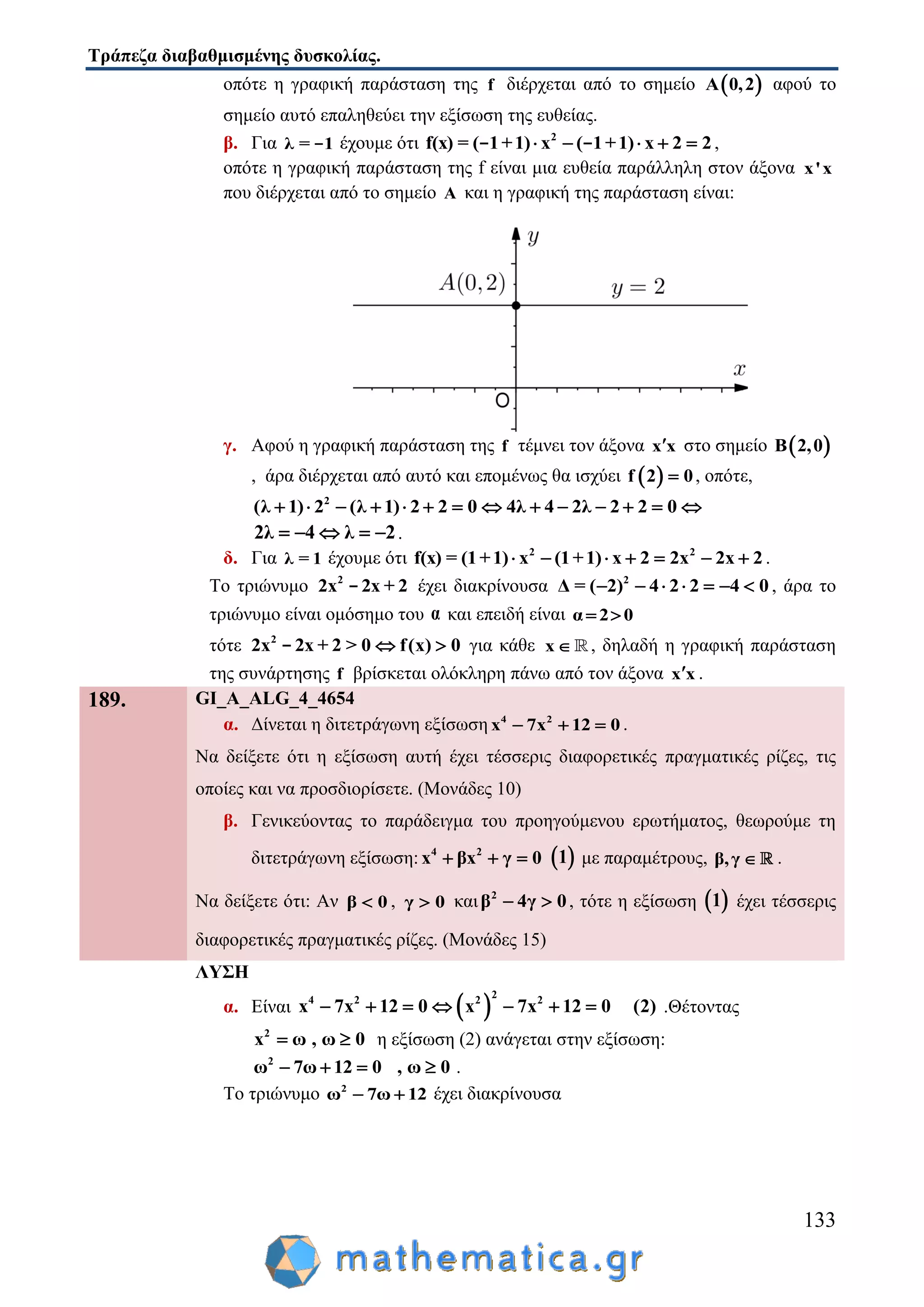 Τράπεζα διαβαθμισμένης δυσκολίας.
133
οπότε η γραφική παράσταση της f διέρχεται από το σημείο  A 0,2 αφού το
σημείο αυτό επαληθεύει την εξίσωση της ευθείας.
β. Για λ = 1- έχουμε ότι 2
f(x) = ( 1+1) x ( 1+1) x 2 2    - - ,
οπότε η γραφική παράσταση της f είναι μια ευθεία παράλληλη στον άξονα x'x
που διέρχεται από το σημείο A και η γραφική της παράσταση είναι:
γ. Αφού η γραφική παράσταση της f τέμνει τον άξονα x x στο σημείο  B 2,0
, άρα διέρχεται από αυτό και επομένως θα ισχύει  f 2 0 , οπότε,
2
(λ 1) 2 (λ 1) 2 2 0 4λ 4 2λ 2 2 0             
2λ 4 λ 2     .
δ. Για λ = 1 έχουμε ότι 2 2
f(x) = (1+1) x (1+1) x 2 2x 2x 2       .
Το τριώνυμο 2
2x 2x + 2- έχει διακρίνουσα 2
Δ = ( 2) 4 2 2 4 0       , άρα το
τριώνυμο είναι ομόσημο του α και επειδή είναι α 2 0 
τότε 2
2x 2x + 2 > 0 f(x) 0 - για κάθε x , δηλαδή η γραφική παράσταση
της συνάρτησης f βρίσκεται ολόκληρη πάνω από τον άξονα x x .
189. GI_A_ALG_4_4654
α. Δίνεται η διτετράγωνη εξίσωση 4 2
x 7x 12 0   .
Να δείξετε ότι η εξίσωση αυτή έχει τέσσερις διαφορετικές πραγματικές ρίζες, τις
οποίες και να προσδιορίσετε. (Μονάδες 10)
β. Γενικεύοντας το παράδειγμα του προηγούμενου ερωτήματος, θεωρούμε τη
διτετράγωνη εξίσωση: 4 2
x βx γ 0    1 με παραμέτρους, β,γ  .
Να δείξετε ότι: Αν β 0 , γ 0 και 2
β 4γ 0  , τότε η εξίσωση  1 έχει τέσσερις
διαφορετικές πραγματικές ρίζες. (Μονάδες 15)
ΛΥΣΗ
α. Είναι  
2
4 2 2 2
x 7x 12 0 x 7x 12 0 (2)       .Θέτοντας
2
x ω , ω 0  η εξίσωση (2) ανάγεται στην εξίσωση:
2
ω 7ω 12 0 , ω 0    .
Το τριώνυμο 2
ω 7ω 12  έχει διακρίνουσα
 
