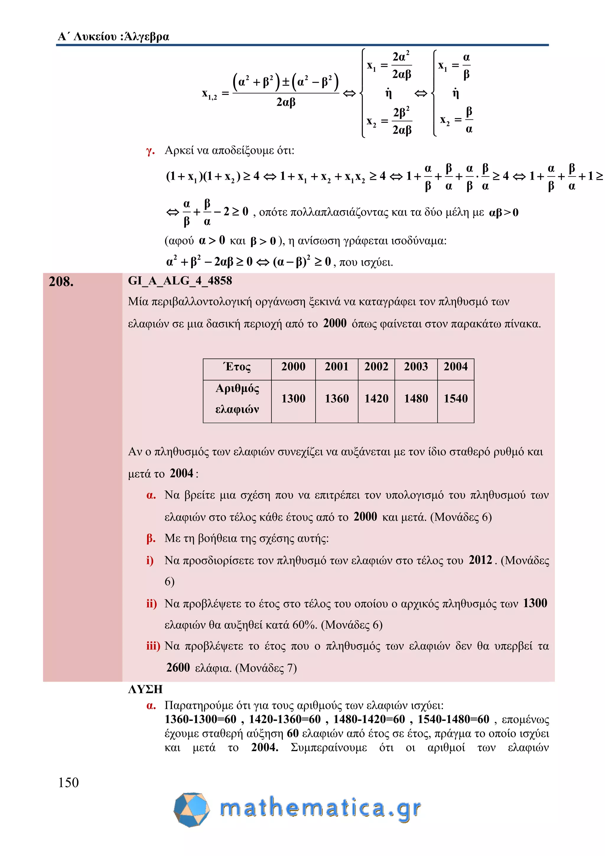 Α΄ Λυκείου :Άλγεβρα
150
   
2
1 1
2 2 2 2
1,2
2
22
2α α
x x
2αβ β
α β α β
x η η
2αβ
β2β
xx
α2αβ
 
  
     
   
 
  
 
γ. Αρκεί να αποδείξουμε ότι:
1 2 1 2 1 2
α β α β α β
(1 x )(1 x ) 4 1 x x x x 4 1 4 1 1
β α β α β α
                  
α β
2 0
β α
    , οπότε πολλαπλασιάζοντας και τα δύο μέλη με αβ>0
(αφού α 0 και β 0 ), η ανίσωση γράφεται ισοδύναμα:
2 2 2
α β 2αβ 0 (α β) 0      , που ισχύει.
208. GI_A_ALG_4_4858
Μία περιβαλλοντολογική οργάνωση ξεκινά να καταγράφει τον πληθυσμό των
ελαφιών σε μια δασική περιοχή από το 2000 όπως φαίνεται στον παρακάτω πίνακα.
Έτος 2000 2001 2002 2003 2004
Αριθμός
ελαφιών
1300 1360 1420 1480 1540
Αν ο πληθυσμός των ελαφιών συνεχίζει να αυξάνεται με τον ίδιο σταθερό ρυθμό και
μετά το 2004:
α. Να βρείτε μια σχέση που να επιτρέπει τον υπολογισμό του πληθυσμού των
ελαφιών στο τέλος κάθε έτους από το 2000 και μετά. (Μονάδες 6)
β. Με τη βοήθεια της σχέσης αυτής:
i) Να προσδιορίσετε τον πληθυσμό των ελαφιών στο τέλος του 2012. (Μονάδες
6)
ii) Να προβλέψετε το έτος στο τέλος του οποίου ο αρχικός πληθυσμός των 1300
ελαφιών θα αυξηθεί κατά 60%. (Μονάδες 6)
iii) Να προβλέψετε το έτος που ο πληθυσμός των ελαφιών δεν θα υπερβεί τα
2600 ελάφια. (Μονάδες 7)
ΛΥΣΗ
α. Παρατηρούμε ότι για τους αριθμούς των ελαφιών ισχύει:
1360-1300=60 , 1420-1360=60 , 1480-1420=60 , 1540-1480=60 , επομένως
έχουμε σταθερή αύξηση 60 ελαφιών από έτος σε έτος, πράγμα το οποίο ισχύει
και μετά το 2004. Συμπεραίνουμε ότι οι αριθμοί των ελαφιών
 