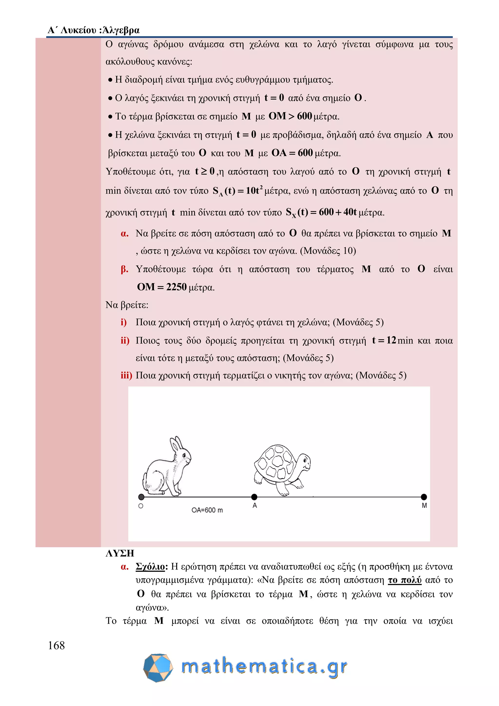 Α΄ Λυκείου :Άλγεβρα
168
Ο αγώνας δρόμου ανάμεσα στη χελώνα και το λαγό γίνεται σύμφωνα μα τους
ακόλουθους κανόνες:
 Η διαδρομή είναι τμήμα ενός ευθυγράμμου τμήματος.
 Ο λαγός ξεκινάει τη χρονική στιγμή t 0 από ένα σημείο O .
 Το τέρμα βρίσκεται σε σημείο M με OM 600 μέτρα.
 Η χελώνα ξεκινάει τη στιγμή t 0 με προβάδισμα, δηλαδή από ένα σημείο A που
βρίσκεται μεταξύ του O και του M με OA 600 μέτρα.
Υποθέτουμε ότι, για t 0 ,η απόσταση του λαγού από το O τη χρονική στιγμή t
min δίνεται από τον τύπο 2
ΛS (t) 10t μέτρα, ενώ η απόσταση χελώνας από το O τη
χρονική στιγμή t min δίνεται από τον τύπο XS (t) 600 40t  μέτρα.
α. Να βρείτε σε πόση απόσταση από το O θα πρέπει να βρίσκεται το σημείο M
, ώστε η χελώνα να κερδίσει τον αγώνα. (Μονάδες 10)
β. Υποθέτουμε τώρα ότι η απόσταση του τέρματος M από το O είναι
OM 2250 μέτρα.
Να βρείτε:
i) Ποια χρονική στιγμή ο λαγός φτάνει τη χελώνα; (Μονάδες 5)
ii) Ποιος τους δύο δρομείς προηγείται τη χρονική στιγμή t 12 min και ποια
είναι τότε η μεταξύ τους απόσταση; (Μονάδες 5)
iii) Ποια χρονική στιγμή τερματίζει ο νικητής τον αγώνα; (Μονάδες 5)
ΛΥΣΗ
α. Σχόλιο: Η ερώτηση πρέπει να αναδιατυπωθεί ως εξής (η προσθήκη με έντονα
υπογραμμισμένα γράμματα): «Να βρείτε σε πόση απόσταση το πολύ από το
Ο θα πρέπει να βρίσκεται το τέρμα Μ , ώστε η χελώνα να κερδίσει τον
αγώνα».
Το τέρμα Μ μπορεί να είναι σε οποιαδήποτε θέση για την οποία να ισχύει
 
