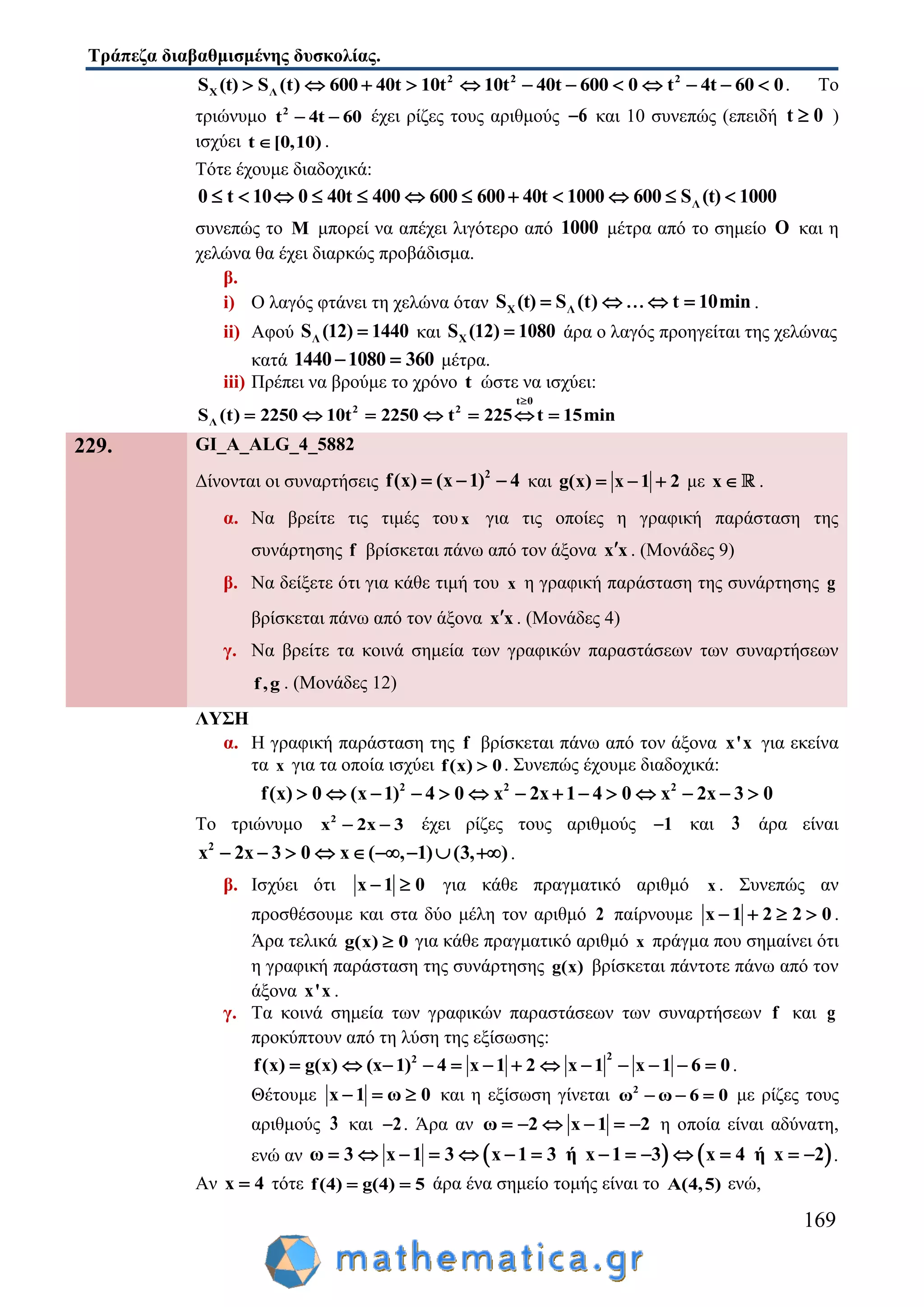 Τράπεζα διαβαθμισμένης δυσκολίας.
169
2 2
Χ Λ
2
S (t) S (t) 600 40t 10t 10t 40t 600 0 t 4t 60 0            . Το
τριώνυμο 2
t 4t 60  έχει ρίζες τους αριθμούς 6 και 10 συνεπώς (επειδή t 0 )
ισχύει t [0,10) .
Τότε έχουμε διαδοχικά:
Λt 10 0 40t 400 600 600 40t 1000 600 S (t) 10000            
συνεπώς το Μ μπορεί να απέχει λιγότερο από 1000 μέτρα από το σημείο Ο και η
χελώνα θα έχει διαρκώς προβάδισμα.
β.
i) Ο λαγός φτάνει τη χελώνα όταν Χ ΛS (t) S (t) t 10min    .
ii) Αφού ΛS (12) 1440 και ΧS (12) 1080 άρα ο λαγός προηγείται της χελώνας
κατά 1440 1080 360  μέτρα.
iii) Πρέπει να βρούμε το χρόνο t ώστε να ισχύει:
t
Λ
0
2 2
S (t) 2250 10t 2250 22 int 5 t 15m

    
229. GI_A_ALG_4_5882
Δίνονται οι συναρτήσεις 2
f(x) (x 1) 4   και g(x) x 1 2   με x .
α. Να βρείτε τις τιμές τουx για τις οποίες η γραφική παράσταση της
συνάρτησης f βρίσκεται πάνω από τον άξονα x x . (Μονάδες 9)
β. Να δείξετε ότι για κάθε τιμή του x η γραφική παράσταση της συνάρτησης g
βρίσκεται πάνω από τον άξονα x x . (Μονάδες 4)
γ. Να βρείτε τα κοινά σημεία των γραφικών παραστάσεων των συναρτήσεων
f,g . (Μονάδες 12)
ΛΥΣΗ
α. Η γραφική παράσταση της f βρίσκεται πάνω από τον άξονα x'x για εκείνα
τα x για τα οποία ισχύει f(x) 0 . Συνεπώς έχουμε διαδοχικά:
2 2 2
2x 1 4 0 x 2f(x) 0 (x 1) 4 0 x 3 0x           
Το τριώνυμο 2
x 2x 3  έχει ρίζες τους αριθμούς 1 και 3 άρα είναι
2
x 2x 3 0 x ( , 1) (3, )         .
β. Ισχύει ότι x 01  για κάθε πραγματικό αριθμό x . Συνεπώς αν
προσθέσουμε και στα δύο μέλη τον αριθμό 2 παίρνουμε x 1 2 2 0    .
Άρα τελικά g(x) 0 για κάθε πραγματικό αριθμό x πράγμα που σημαίνει ότι
η γραφική παράσταση της συνάρτησης g(x) βρίσκεται πάντοτε πάνω από τον
άξονα x'x .
γ. Τα κοινά σημεία των γραφικών παραστάσεων των συναρτήσεων f και g
προκύπτουν από τη λύση της εξίσωσης:
22
f(x) g(x) (x 1) 4 x 1 2 x 1 x 1 6 0             .
Θέτουμε x 1 ω 0   και η εξίσωση γίνεται 2
ω ω 6 0   με ρίζες τους
αριθμούς 3 και 2 . Άρα αν ω 2 x 1 2      η οποία είναι αδύνατη,
ενώ αν    3 x 1 3 ή x 1 3 x 4 ή xω 3 x 1 2            .
Αν x 4 τότε f(4) g(4) 5  άρα ένα σημείο τομής είναι το A(4,5) ενώ,
 