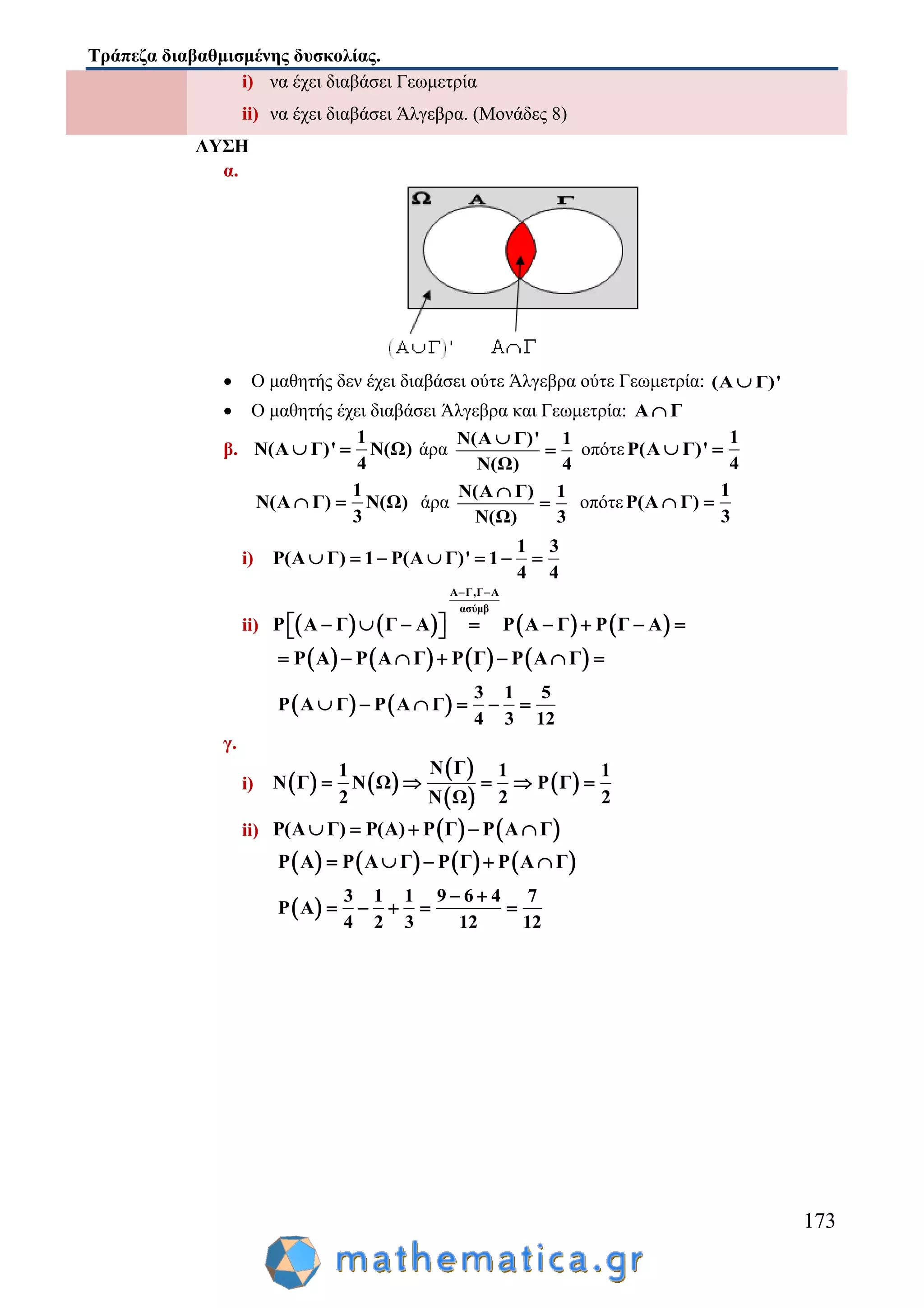 Τράπεζα διαβαθμισμένης δυσκολίας.
173
i) να έχει διαβάσει Γεωμετρία
ii) να έχει διαβάσει Άλγεβρα. (Μονάδες 8)
ΛΥΣΗ
α.
 Ο μαθητής δεν έχει διαβάσει ούτε Άλγεβρα ούτε Γεωμετρία: (Α Γ)'
 Ο μαθητής έχει διαβάσει Άλγεβρα και Γεωμετρία: Α Γ
β.
1
Ν(Α Γ)' Ν(Ω)
4
  άρα
Ν(Α Γ)' 1
Ν(Ω) 4

 οπότε
1
Ρ(Α Γ)'
4
 
1
Ν(Α Γ) Ν(Ω)
3
  άρα
Ν(Α Γ) 1
Ν(Ω) 3

 οπότε
1
Ρ(Α Γ)
3
 
i)
1 3
Ρ(Α Γ) 1 Ρ(Α Γ)' 1
4 4
      
ii)        
Α Γ,Γ Α
ασύμβ
Ρ Α Γ Γ Α Ρ Α Γ Ρ Γ Α
 
         
       Ρ Α Ρ Α Γ Ρ Γ Ρ Α Γ      
   
3 1 5
Ρ Α Γ Ρ Α Γ
4 3 12
     
γ.
i)    
 
 
 
Ν Γ1 1 1
Ν Γ Ν Ω Ρ Γ
2 2 2Ν Ω
    
ii)    Ρ(Α Γ) Ρ(Α) Ρ Γ Ρ Α Γ    
       Ρ Α Ρ Α Γ Ρ Γ Ρ Α Γ    
 
3 1 1 9 6 4 7
Ρ Α
4 2 3 12 12
 
    
 