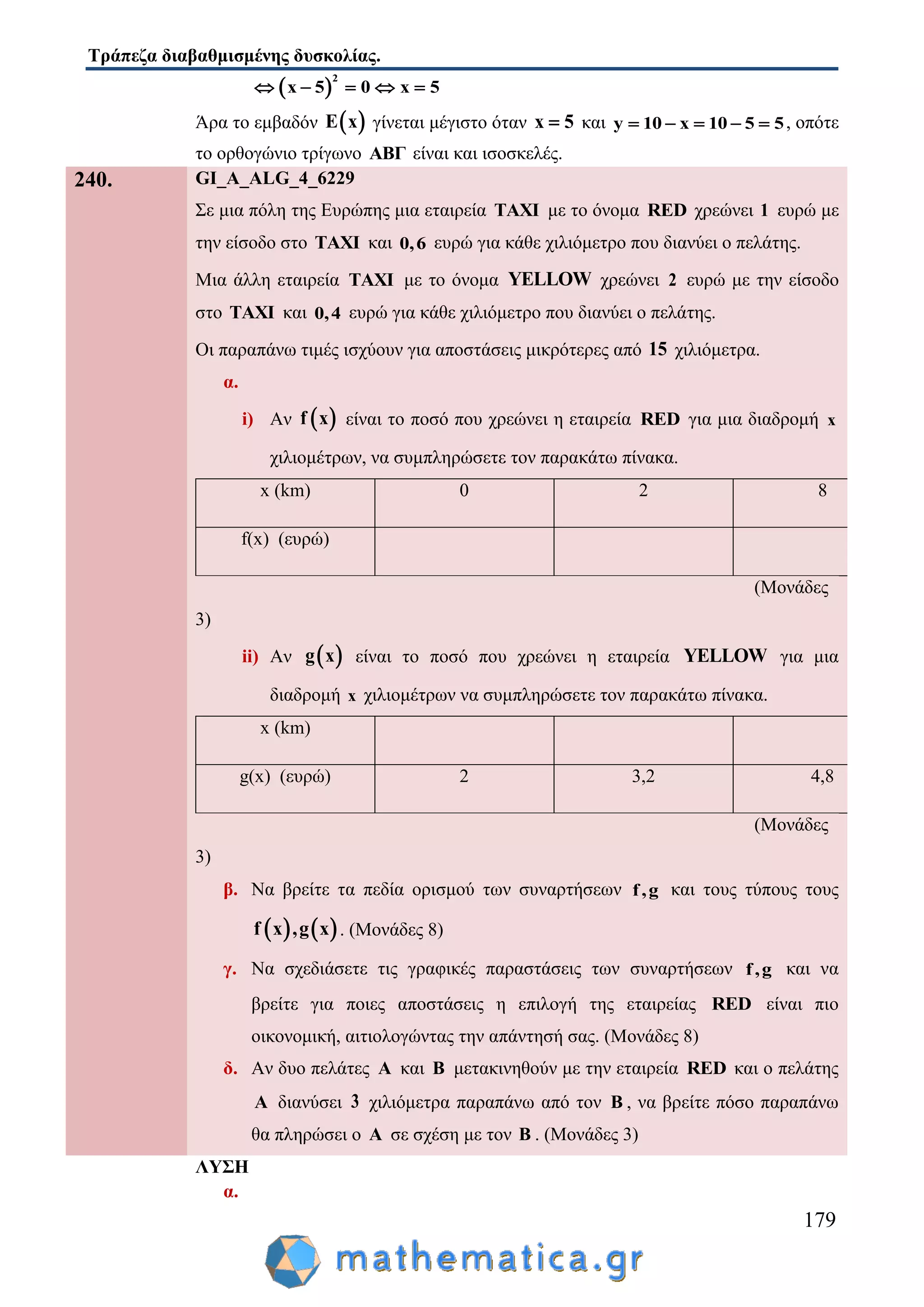 Τράπεζα διαβαθμισμένης δυσκολίας.
179
 
2
x 5 0 x 5    
Άρα το εμβαδόν  E x γίνεται μέγιστο όταν x 5 και y 10 x 10 5 5     , οπότε
το ορθογώνιο τρίγωνο ABΓ είναι και ισοσκελές.
240. GI_A_ALG_4_6229
Σε μια πόλη της Ευρώπης μια εταιρεία TAXI με το όνομα RED χρεώνει 1 ευρώ με
την είσοδο στο TAXI και 0,6 ευρώ για κάθε χιλιόμετρο που διανύει ο πελάτης.
Μια άλλη εταιρεία TAXI με το όνομα YELLOW χρεώνει 2 ευρώ με την είσοδο
στο TAXI και 0,4 ευρώ για κάθε χιλιόμετρο που διανύει ο πελάτης.
Οι παραπάνω τιμές ισχύουν για αποστάσεις μικρότερες από 15 χιλιόμετρα.
α.
i) Αν  f x είναι το ποσό που χρεώνει η εταιρεία RED για μια διαδρομή x
χιλιομέτρων, να συμπληρώσετε τον παρακάτω πίνακα.
x (km) 0 2 8
f(x) (ευρώ)
(Μονάδες
3)
ii) Αν  g x είναι το ποσό που χρεώνει η εταιρεία YELLOW για μια
διαδρομή x χιλιομέτρων να συμπληρώσετε τον παρακάτω πίνακα.
x (km)
g(x) (ευρώ) 2 3,2 4,8
(Μονάδες
3)
β. Να βρείτε τα πεδία ορισμού των συναρτήσεων f,g και τους τύπους τους
   f x ,g x . (Μονάδες 8)
γ. Να σχεδιάσετε τις γραφικές παραστάσεις των συναρτήσεων f,g και να
βρείτε για ποιες αποστάσεις η επιλογή της εταιρείας RED είναι πιο
οικονομική, αιτιολογώντας την απάντησή σας. (Μονάδες 8)
δ. Αν δυο πελάτες A και B μετακινηθούν με την εταιρεία RED και ο πελάτης
A διανύσει 3 χιλιόμετρα παραπάνω από τον B , να βρείτε πόσο παραπάνω
θα πληρώσει ο A σε σχέση με τον B . (Μονάδες 3)
ΛΥΣΗ
α.
 