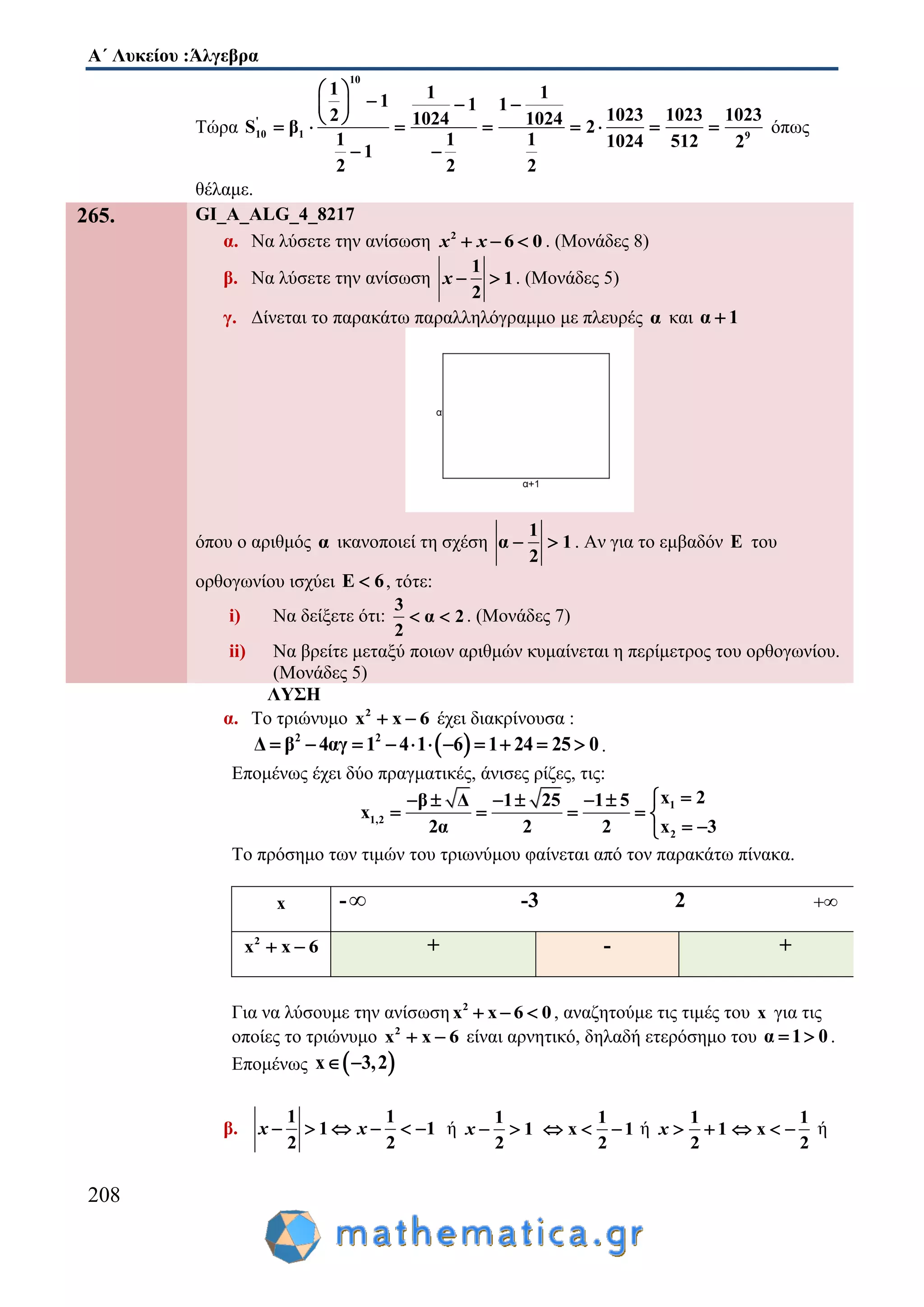 Α΄ Λυκείου :Άλγεβρα
208
Τώρα
10
'
10 1 9
1 1 11 1 1
1023 1023 10232 1024 1024S β 2
1 1 1 1024 512 2
1
2 2 2
 
   
        
 
όπως
θέλαμε.
265. GI_A_ALG_4_8217
α. Να λύσετε την ανίσωση 2
6 0  x x . (Μονάδες 8)
β. Να λύσετε την ανίσωση
1
1
2
 x . (Μονάδες 5)
γ. Δίνεται το παρακάτω παραλληλόγραμμο με πλευρές α και α 1
όπου ο αριθμός α ικανοποιεί τη σχέση
1
α 1
2
  . Αν για το εμβαδόν Ε του
ορθογωνίου ισχύει Ε 6 , τότε:
i) Να δείξετε ότι:
3
α 2
2
  . (Μονάδες 7)
ii) Να βρείτε μεταξύ ποιων αριθμών κυμαίνεται η περίμετρος του ορθογωνίου.
(Μονάδες 5)
ΛΥΣΗ
α. Το τριώνυμο 2
x x 6  έχει διακρίνουσα :
 2 2
Δ β 4αγ 1 4 1 6 1 24 25 0           .
Επομένως έχει δύο πραγματικές, άνισες ρίζες, τις:
1
1,2
2
x 2β Δ 1 25 1 5
x
2α 2 2 x 3
     
    
 
Το πρόσημο των τιμών του τριωνύμου φαίνεται από τον παρακάτω πίνακα.
x - -3 2 
2
x x 6  + - +
Για να λύσουμε την ανίσωση 2
x x 6 0   , αναζητούμε τις τιμές του x για τις
οποίες το τριώνυμο 2
x x 6  είναι αρνητικό, δηλαδή ετερόσημο του α 1 0  .
Επομένως  x 3,2 
β.
1 1
1 1
2 2
     x x ή
1
1
2
 x
1
x 1
2
   ή
1
1
2
 x
1
x
2
   ή
 