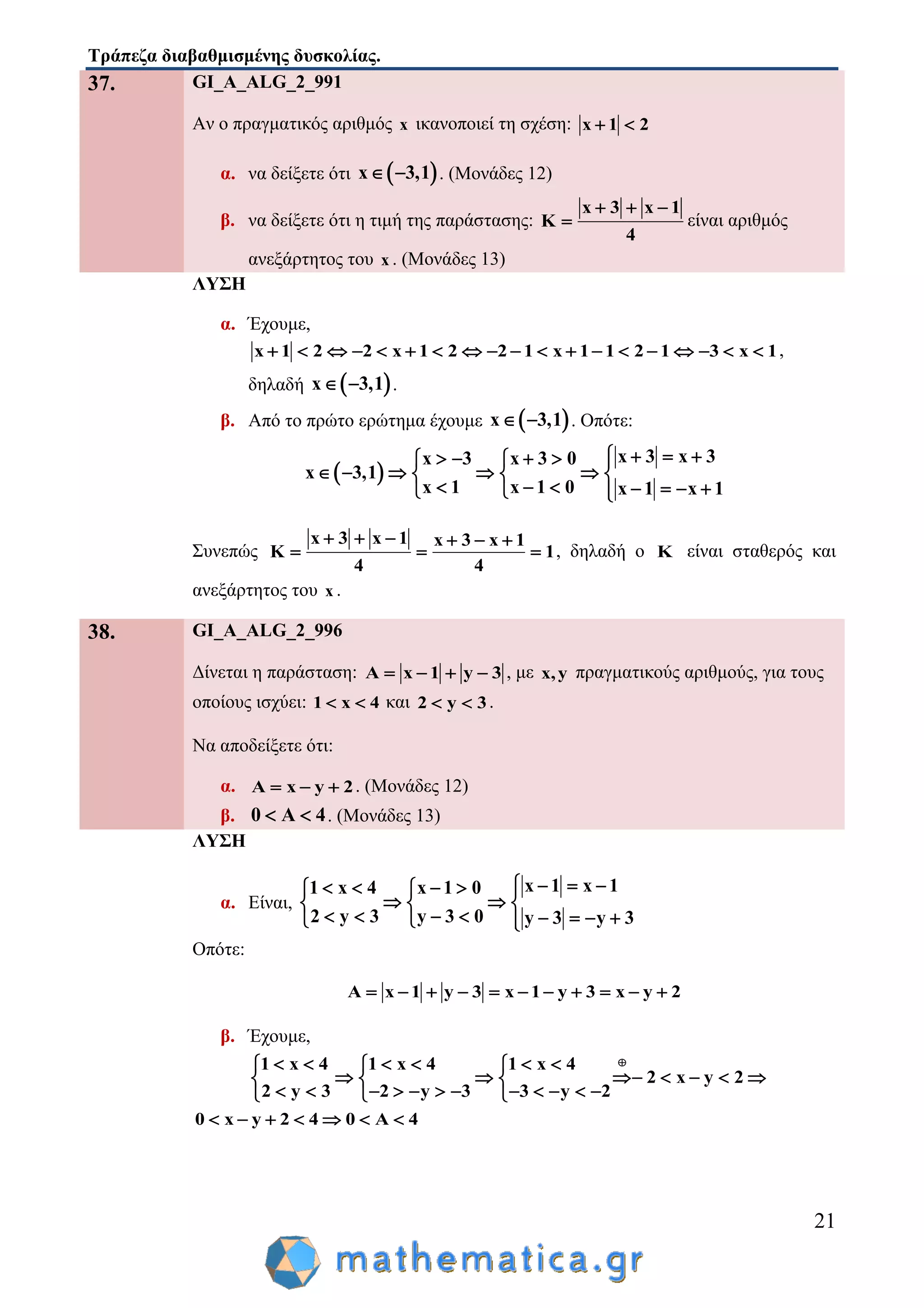 Τράπεζα διαβαθμισμένης δυσκολίας.
21
37. GI_A_ALG_2_991
Αν ο πραγματικός αριθμός x ικανοποιεί τη σχέση: x 1 2 
α. να δείξετε ότι  x 3,1  . (Μονάδες 12)
β. να δείξετε ότι η τιμή της παράστασης:
x 3 x 1
K
4
  
 είναι αριθμός
ανεξάρτητος του x . (Μονάδες 13)
ΛΥΣΗ
α. Έχουμε,
x 1 2 2 x 1 2 2 1 x 1 1 2 1 3 x 1                   ,
δηλαδή  x 3,1  .
β. Από το πρώτο ερώτημα έχουμε  x 3,1  . Οπότε:
 
x 3 x 3x 3 x 3 0
x 3,1
x 1 x 1 0 x 1 x 1
        
      
        
Συνεπώς
x 3 x 1 x 3 x 1
K 1
4 4
     
   , δηλαδή ο K είναι σταθερός και
ανεξάρτητος του x .
38. GI_A_ALG_2_996
Δίνεται η παράσταση: A x 1 y 3    , με x,y πραγματικούς αριθμούς, για τους
οποίους ισχύει: 1 x 4  και 2 y 3  .
Να αποδείξετε ότι:
α. A x y 2   . (Μονάδες 12)
β. 0 A 4  . (Μονάδες 13)
ΛΥΣΗ
α. Είναι,
x 1 x 11 x 4 x 1 0
2 y 3 y 3 0 y 3 y 3
        
   
         
Οπότε:
A x 1 y 3 x 1 y 3 x y 2          
β. Έχουμε,
1 x 4 1 x 4 1 x 4
2 x y 2
2 y 3 2 y 3 3 y 2
       
        
             
0 x y 2 4 0 A 4      
 