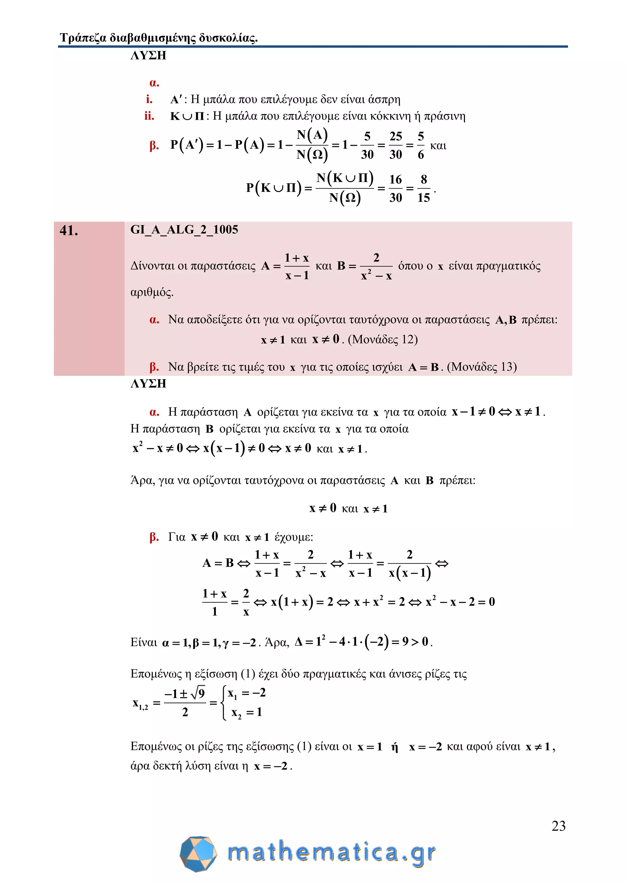 Τράπεζα διαβαθμισμένης δυσκολίας.
23
ΛΥΣΗ
α.
i. A: Η μπάλα που επιλέγουμε δεν είναι άσπρη
ii. K Π : Η μπάλα που επιλέγουμε είναι κόκκινη ή πράσινη
β.    
 
 
N A 5 25 5
P Α 1 P A 1 1
30 30 6N Ω
         και
 
 
 
Ν Κ Π 16 8
P K Π
30 15Ν Ω

    .
41. GI_A_ALG_2_1005
Δίνονται οι παραστάσεις
1 x
Α
x 1



και 2
2
B
x x


όπου ο x είναι πραγματικός
αριθμός.
α. Να αποδείξετε ότι για να ορίζονται ταυτόχρονα οι παραστάσεις A,B πρέπει:
x 1 και x 0 . (Μονάδες 12)
β. Να βρείτε τις τιμές του x για τις οποίες ισχύει A B . (Μονάδες 13)
ΛΥΣΗ
α. Η παράσταση A ορίζεται για εκείνα τα x για τα οποία x 1 0 x 1    .
Η παράσταση B ορίζεται για εκείνα τα x για τα οποία
 2
x x 0 x x 1 0 x 0       και x 1 .
Άρα, για να ορίζονται ταυτόχρονα οι παραστάσεις A και B πρέπει:
x 0 και x 1
β. Για x 0 και x 1 έχουμε:
 
 
2
2 2
1 x 2 1 x 2
A B
x 1 x 1 x x 1x x
1 x 2
x 1 x 2 x x 2 x x 2 0
1 x
 
     
  

          
Είναι α 1,β 1,γ 2    . Άρα,  2
Δ 1 4 1 2 9 0       .
Επομένως η εξίσωση (1) έχει δύο πραγματικές και άνισες ρίζες τις
1
1,2
2
x 21 9
x
x 12
  
  

Επομένως οι ρίζες της εξίσωσης (1) είναι οι x 1 ή x 2   και αφού είναι x 1 ,
άρα δεκτή λύση είναι η x 2  .
 