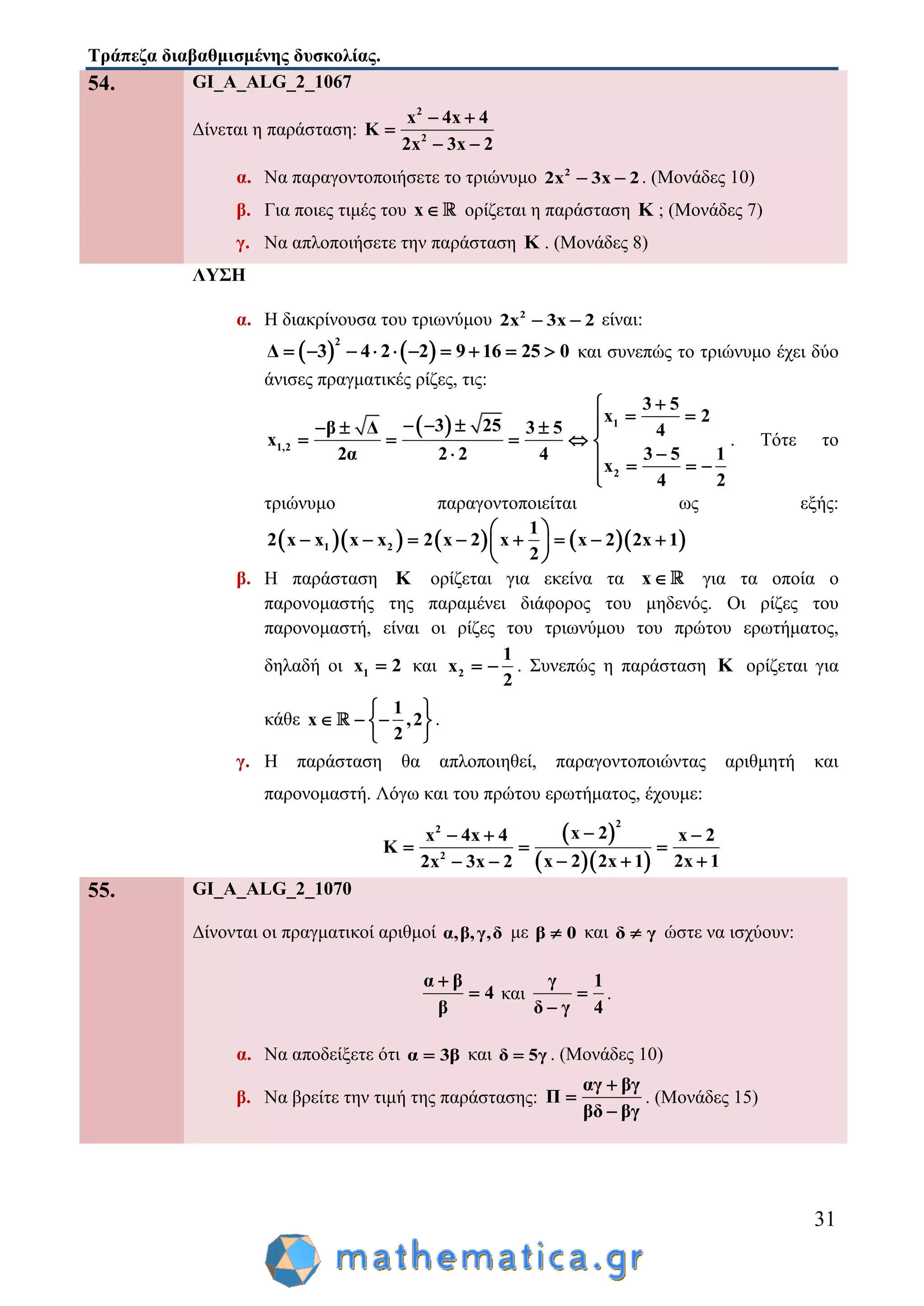 Τράπεζα διαβαθμισμένης δυσκολίας.
31
54. GI_A_ALG_2_1067
Δίνεται η παράσταση:
2
2
x 4x 4
K
2x 3x 2
 

 
α. Να παραγοντοποιήσετε το τριώνυμο 2
2x 3x 2  . (Μονάδες 10)
β. Για ποιες τιμές του x ορίζεται η παράσταση K ; (Μονάδες 7)
γ. Να απλοποιήσετε την παράσταση K . (Μονάδες 8)
ΛΥΣΗ
α. Η διακρίνουσα του τριωνύμου 2
2x 3x 2  είναι:
   
2
Δ 3 4 2 2 9 16 25 0          και συνεπώς το τριώνυμο έχει δύο
άνισες πραγματικές ρίζες, τις:
  1
1,2
2
3 5
x 2
3 25β Δ 3 5 4
x
2α 2 2 4 3 5 1
x
4 2

      
    
    

. Τότε το
τριώνυμο παραγοντοποιείται ως εξής:
       1 2
1
2 x x x x 2 x 2 x x 2 2x 1
2
 
        
 
β. Η παράσταση K ορίζεται για εκείνα τα x για τα οποία ο
παρονομαστής της παραμένει διάφορος του μηδενός. Οι ρίζες του
παρονομαστή, είναι οι ρίζες του τριωνύμου του πρώτου ερωτήματος,
δηλαδή οι 1x 2 και 2
1
x
2
  . Συνεπώς η παράσταση K ορίζεται για
κάθε
1
x ,2
2
 
   
 
.
γ. Η παράσταση θα απλοποιηθεί, παραγοντοποιώντας αριθμητή και
παρονομαστή. Λόγω και του πρώτου ερωτήματος, έχουμε:
 
  
2
2
2
x 2x 4x 4 x 2
K
2x 1x 2 2x 12x 3x 2
  
  
  
55. GI_A_ALG_2_1070
Δίνονται οι πραγματικοί αριθμοί α,β,γ,δ με β 0 και δ γ ώστε να ισχύουν:
α β
4
β

 και
γ 1
δ γ 4


.
α. Να αποδείξετε ότι α 3β και δ 5γ . (Μονάδες 10)
β. Να βρείτε την τιμή της παράστασης:
αγ βγ
Π
βδ βγ



. (Μονάδες 15)
 