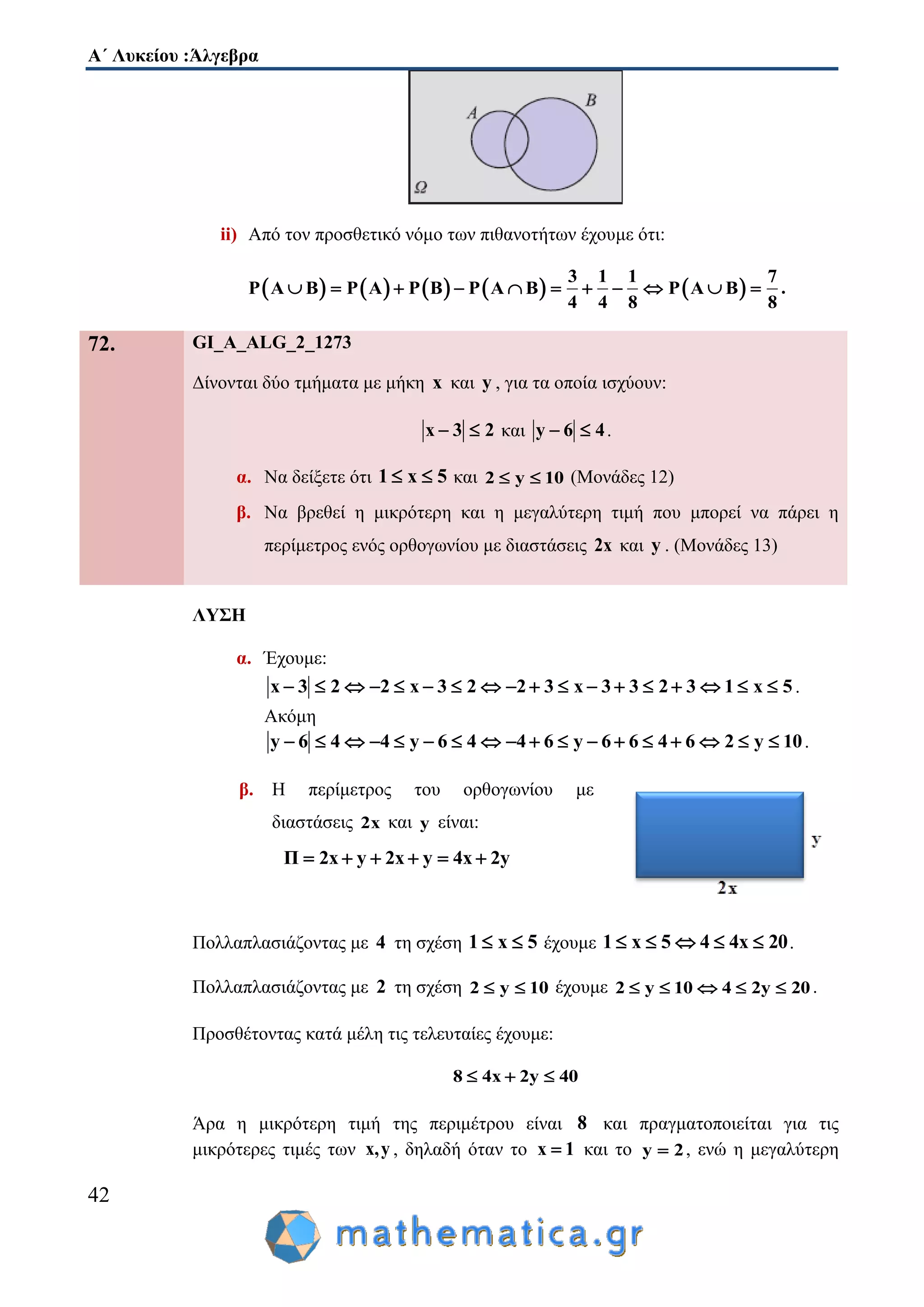 Α΄ Λυκείου :Άλγεβρα
42
ii) Από τον προσθετικό νόμο των πιθανοτήτων έχουμε ότι:
         
3 1 1 7
P A B P A P B P A B P A B
4 4 8 8
           .
72. GI_A_ALG_2_1273
Δίνονται δύο τμήματα με μήκη x και y , για τα οποία ισχύουν:
x 3 2  και y 6 4  .
α. Να δείξετε ότι 1 x 5  και 2 y 10  (Μονάδες 12)
β. Να βρεθεί η μικρότερη και η μεγαλύτερη τιμή που μπορεί να πάρει η
περίμετρος ενός ορθογωνίου με διαστάσεις 2x και y . (Μονάδες 13)
ΛΥΣΗ
α. Έχουμε:
x 3 2 2 x 3 2 2 3 x 3 3 2 3 1 x 5                  .
Ακόμη
y 6 4 4 y 6 4 4 6 y 6 6 4 6 2 y 10                  .
β. Η περίμετρος του ορθογωνίου με
διαστάσεις 2x και y είναι:
Π 2x y 2x y 4x 2y     
Πολλαπλασιάζοντας με 4 τη σχέση 1 x 5  έχουμε 1 x 5 4 4x 20     .
Πολλαπλασιάζοντας με 2 τη σχέση 2 y 10  έχουμε 2 y 10 4 2y 20     .
Προσθέτοντας κατά μέλη τις τελευταίες έχουμε:
8 4x 2y 40  
Άρα η μικρότερη τιμή της περιμέτρου είναι 8 και πραγματοποιείται για τις
μικρότερες τιμές των x,y , δηλαδή όταν το x 1 και το y 2 , ενώ η μεγαλύτερη
 