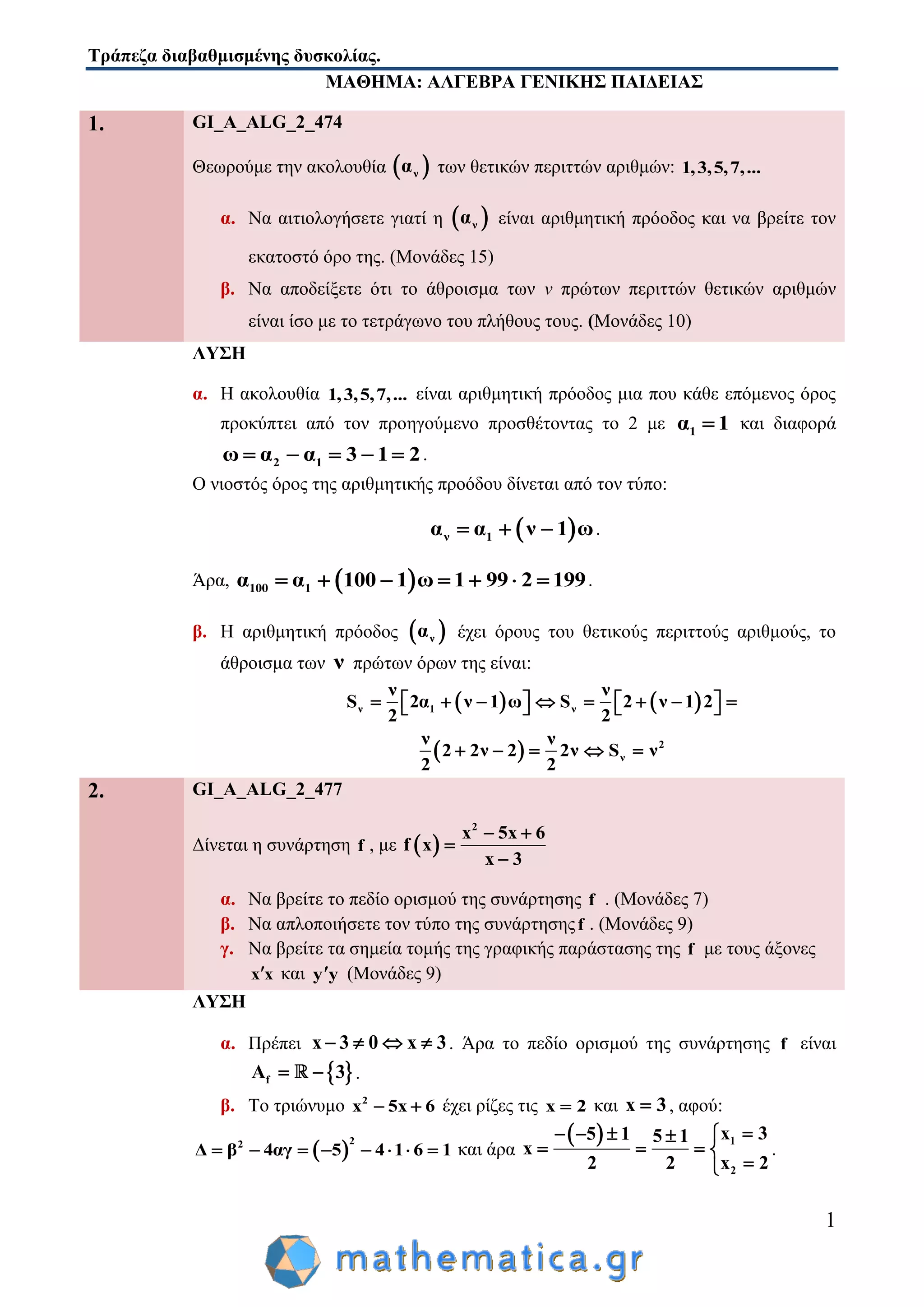 Τράπεζα διαβαθμισμένης δυσκολίας.
1
ΜΑΘΗΜΑ: ΑΛΓΕΒΡΑ ΓΕΝΙΚΗΣ ΠΑΙΔΕΙΑΣ
1. GI_A_ALG_2_474
Θεωρούμε την ακολουθία  να των θετικών περιττών αριθμών: 1,3,5,7,...
α. Να αιτιολογήσετε γιατί η  να είναι αριθμητική πρόοδος και να βρείτε τον
εκατοστό όρο της. (Μονάδες 15)
β. Να αποδείξετε ότι το άθροισμα των ν πρώτων περιττών θετικών αριθμών
είναι ίσο με το τετράγωνο του πλήθους τους. (Μονάδες 10)
ΛΥΣΗ
α. Η ακολουθία 1,3,5,7,... είναι αριθμητική πρόοδος μια που κάθε επόμενος όρος
προκύπτει από τον προηγούμενο προσθέτοντας το 2 με 1α 1 και διαφορά
2 1ω α α 3 1 2     .
Ο νιοστός όρος της αριθμητικής προόδου δίνεται από τον τύπο:
 ν 1α α ν 1 ω   .
Άρα,  100 1α α 100 1 ω 1 99 2 199       .
β. Η αριθμητική πρόοδος  να έχει όρους του θετικούς περιττούς αριθμούς, το
άθροισμα των ν πρώτων όρων της είναι:
   ν 1 ν
ν ν
S 2α ν 1 ω S 2 ν 1 2
2 2
             
  2
ν
ν ν
2 2ν 2 2ν S ν
2 2
    
2. GI_A_ALG_2_477
Δίνεται η συνάρτηση f , με  
2
x 5x 6
f x
x 3
 


α. Να βρείτε το πεδίο ορισμού της συνάρτησης f . (Μονάδες 7)
β. Να απλοποιήσετε τον τύπο της συνάρτησηςf . (Μονάδες 9)
γ. Να βρείτε τα σημεία τομής της γραφικής παράστασης της f με τους άξονες
x x και y y (Μονάδες 9)
ΛΥΣΗ
α. Πρέπει x 3 0 x 3    . Άρα το πεδίο ορισμού της συνάρτησης f είναι
 fA 3  .
β. Το τριώνυμο 2
x 5x 6  έχει ρίζες τις x 2 και x 3 , αφού:
 
22
Δ β 4αγ 5 4 1 6 1        και άρα
  1
2
x 35 1 5 1
x
2 2 x 2
   
   

.
 