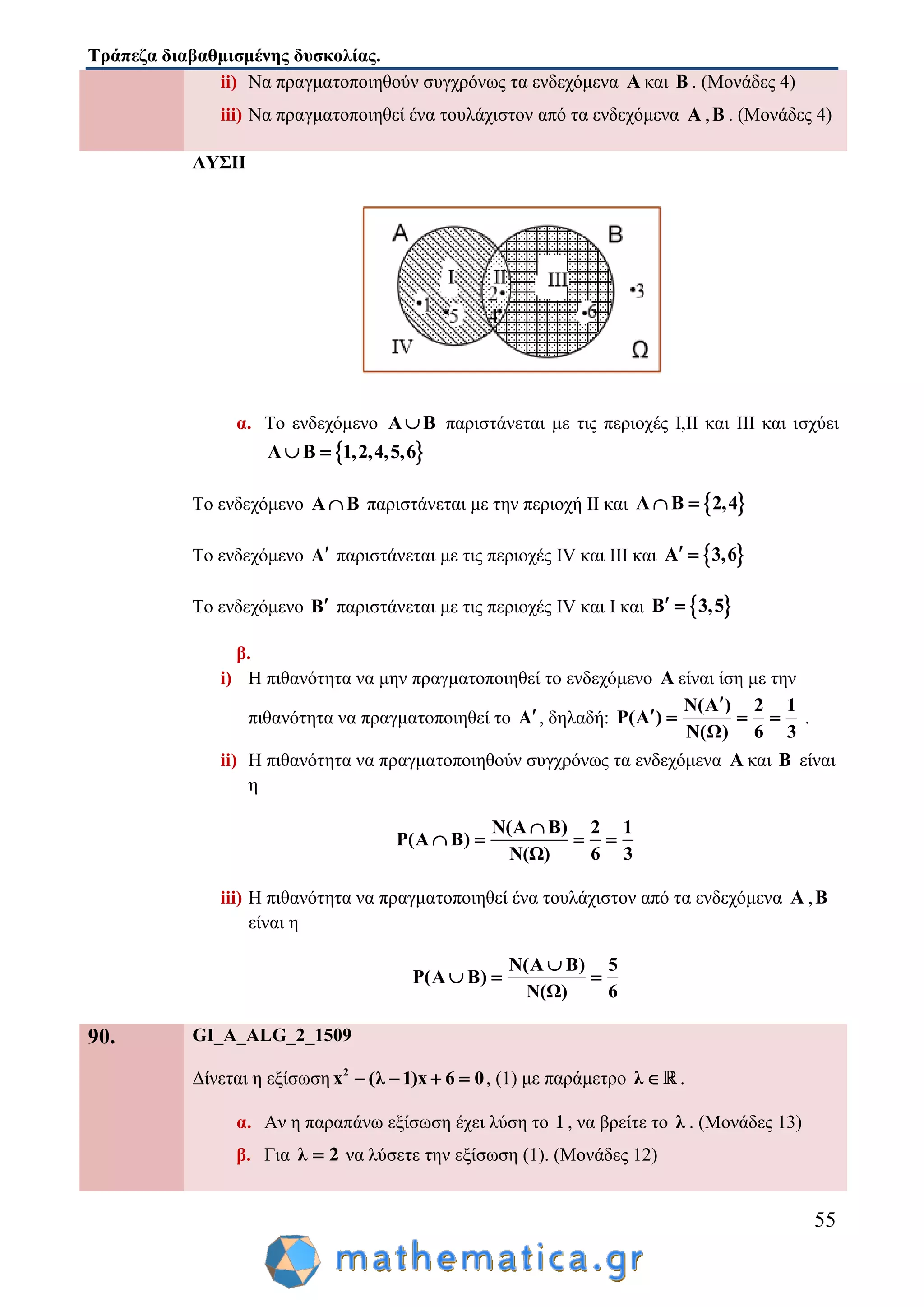 Τράπεζα διαβαθμισμένης δυσκολίας.
55
ii) Να πραγματοποιηθούν συγχρόνως τα ενδεχόμενα Α και Β . (Μονάδες 4)
iii) Να πραγματοποιηθεί ένα τουλάχιστον από τα ενδεχόμενα Α ,Β . (Μονάδες 4)
ΛΥΣΗ
α. Το ενδεχόμενο Α Β παριστάνεται με τις περιοχές Ι,ΙΙ και ΙΙΙ και ισχύει
 Α Β 1,2,4,5,6 
Το ενδεχόμενο Α Β παριστάνεται με την περιοχή ΙΙ και  Α Β 2,4 
Το ενδεχόμενο Α παριστάνεται με τις περιοχές IV και ΙΙΙ και  Α 3,6 
Το ενδεχόμενο Β παριστάνεται με τις περιοχές IV και Ι και  Β 3,5 
β.
i) Η πιθανότητα να μην πραγματοποιηθεί το ενδεχόμενο Α είναι ίση με την
πιθανότητα να πραγματοποιηθεί το Α, δηλαδή:
N(A ) 2 1
P(A )
N(Ω) 6 3

    .
ii) Η πιθανότητα να πραγματοποιηθούν συγχρόνως τα ενδεχόμενα Α και Β είναι
η
Ν(Α Β) 2 1
P(Α Β)
Ν(Ω) 6 3

   
iii) Η πιθανότητα να πραγματοποιηθεί ένα τουλάχιστον από τα ενδεχόμενα Α ,Β
είναι η
Ν(Α Β) 5
P(Α Β)
Ν(Ω) 6

  
90. GI_A_ALG_2_1509
Δίνεται η εξίσωση 2
x (λ 1)x 6 0    , (1) με παράμετρο λ  .
α. Αν η παραπάνω εξίσωση έχει λύση το 1 , να βρείτε το λ . (Μονάδες 13)
β. Για λ 2 να λύσετε την εξίσωση (1). (Μονάδες 12)
 