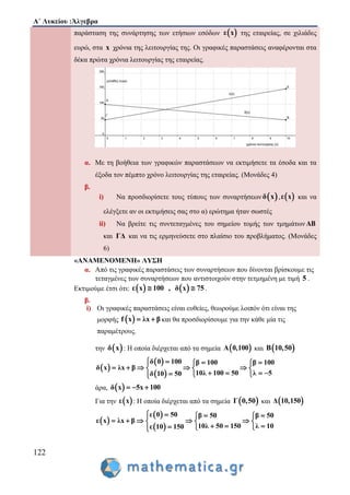 Α΄ Λυκείου :Άλγεβρα
122
παράσταση της συνάρτησης των ετήσιων εσόδων  ε x της εταιρείας, σε χιλιάδες
ευρώ, στα x χρόνια της λειτουργίας της. Οι γραφικές παραστάσεις αναφέρονται στα
δέκα πρώτα χρόνια λειτουργίας της εταιρείας.
α. Με τη βοήθεια των γραφικών παραστάσεων να εκτιμήσετε τα έσοδα και τα
έξοδα τον πέμπτο χρόνο λειτουργίας της εταιρείας. (Μονάδες 4)
β.
i) Να προσδιορίσετε τους τύπους των συναρτήσεων  δ x ,  ε x και να
ελέγξετε αν οι εκτιμήσεις σας στο α) ερώτημα ήταν σωστές
ii) Να βρείτε τις συντεταγμένες του σημείου τομής των τμημάτων ΑΒ
και ΓΔ και να τις ερμηνεύσετε στο πλαίσιο του προβλήματος. (Μονάδες
6)
«ΑΝΑΜΕΝΟΜΕΝΗ» ΛΥΣΗ
α. Από τις γραφικές παραστάσεις των συναρτήσεων που δίνονται βρίσκουμε τις
τεταγμένες των συναρτήσεων που αντιστοιχούν στην τετμημένη με τιμή 5 .
Εκτιμούμε έτσι ότι:    ε x 100 , δ x 75  .
β.
i) Οι γραφικές παραστάσεις είναι ευθείες, θεωρούμε λοιπόν ότι είναι της
μορφής  f x λx β  και θα προσδιορίσουμε για την κάθε μία τις
παραμέτρους.
την  δ x : Η οποία διέρχεται από τα σημεία  Α 0,100 και  Β 10,50
 
 
 
δ 0 100 β 100 β 100
δ x λx β
10λ 100 50 λ 5δ 10 50
    
      
     
άρα,  δ x 5x 100  
Για την  ε x : Η οποία διέρχεται από τα σημεία  Γ 0,50 και  Δ 10,150
 
 
 
ε 0 50 β 50 β 50
ε x λx β
10λ 50 150 λ 10ε 10 150
    
      
    
 