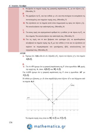 Α΄ Λυκείου :Άλγεβρα
136
α. Να βρείτε το σημείο τομής της γραφικής παράστασης fC με τον άξονα y y .
(Μονάδες 3)
β.
i) Nα χαράξετε τη fC και την ευθεία y 3 , και στη συνέχεια να εκτιμήσετε τις
συντεταγμένες των σημείων τομής τους. (Μονάδες 5)
ii) Να εξετάσετε αν τα σημεία αυτά είναι συμμετρικά ως προς τον άξονα y y .
Να αιτιολογήσετε την απάντησή σας. (Μονάδες 4)
γ.
i) Για ποιες τιμές του πραγματικού αριθμού α, η ευθεία y α τέμνει τη fC σε
δυο σημεία; Να αιτιολογήσετε την απάντησή σας. (Μονάδες 5)
ii) Για τις τιμές του α που βρήκατε στο ερώτημα (γi), να προσδιορίσετε
αλγεβρικά τα σημεία τομής της fC με την ευθεία y α και να εξετάσετε αν
ισχύουν τα συμπεράσματα του ερωτήματος (βii), αιτιολογώντας τον
ισχυρισμό σας. (Μονάδες 8)
ΛΥΣΗ
α. Έχουμε ότι: f(0) 0 2 2   , δηλαδή η fC τέμνει τον άξονα y'y στο σημείο
 Α 0,2 .
β.
i) Για x 0 έχουμε ότι η γραφική παράσταση της f είναι ημιευθεία AB χωρίς
την αρχή της A , όπου  Α 0,2 και  B 1,3 .
Για x 0 έχουμε ότι η γραφική παράσταση της f είναι η ημιευθεία AΓ με
 Γ 1,3 .
Η ευθεία με εξίσωση y 3 είναι παράλληλη στον άξονα x'x και διέρχεται από
τα σημεία Β,Γ .
Τα σημεία τομής τους είναι τα  B 1,3 και  Γ 1,3 .
y=f(x)
y=3
A
B Γ
 