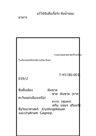 แก้ไข้จับสั่นเรื้อรัง ขับนำ้าย่อย
อาหาร
งานสวนพฤกษศาสตร์โรงเรียน
โรงเรียนจตุรพักตรพิมานรัชดาภิเษก
7-45180-003-
039/2
ชื่อพื้นเมือง พันซาด
ซาด พันซาด (ภาค
ตะวันออกเฉียงเหนือ)
คราก (ชุมพร)
เตรีย (เขมร สุรินทร์)
ชื่อวิทยาศาสตร์ Erythrophleum
succirubrum Gagnep.
 