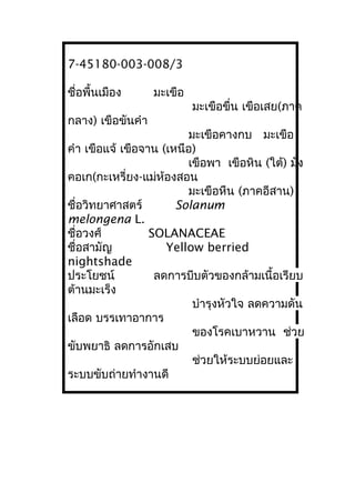 7-45180-003-008/3
ชื่อพื้นเมือง มะเขือ
มะเขือขื่น เขือเสย(ภาค
กลาง) เขือขันคำา
มะเขือคางกบ มะเขือ
คำา เขือแจ้ เขือจาน (เหนือ)
เขือพา เขือหิน (ใต้) มั่ง
คอเก(กะเหรี่ยง-แม่ห้องสอน
มะเขือหืน (ภาคอีสาน)
ชื่อวิทยาศาสตร์ Solanum
melongena L.
ชื่อวงศ์ SOLANACEAE
ชื่อสามัญ Yellow berried
nightshade
ประโยชน์ ลดการบีบตัวของกล้ามเนื้อเรียบ
ต้านมะเร็ง
บำารุงหัวใจ ลดความดัน
เลือด บรรเทาอาการ
ของโรคเบาหวาน ช่วย
ขับพยาธิ ลดการอักเสบ
ช่วยให้ระบบย่อยและ
ระบบขับถ่ายทำางานดี
 