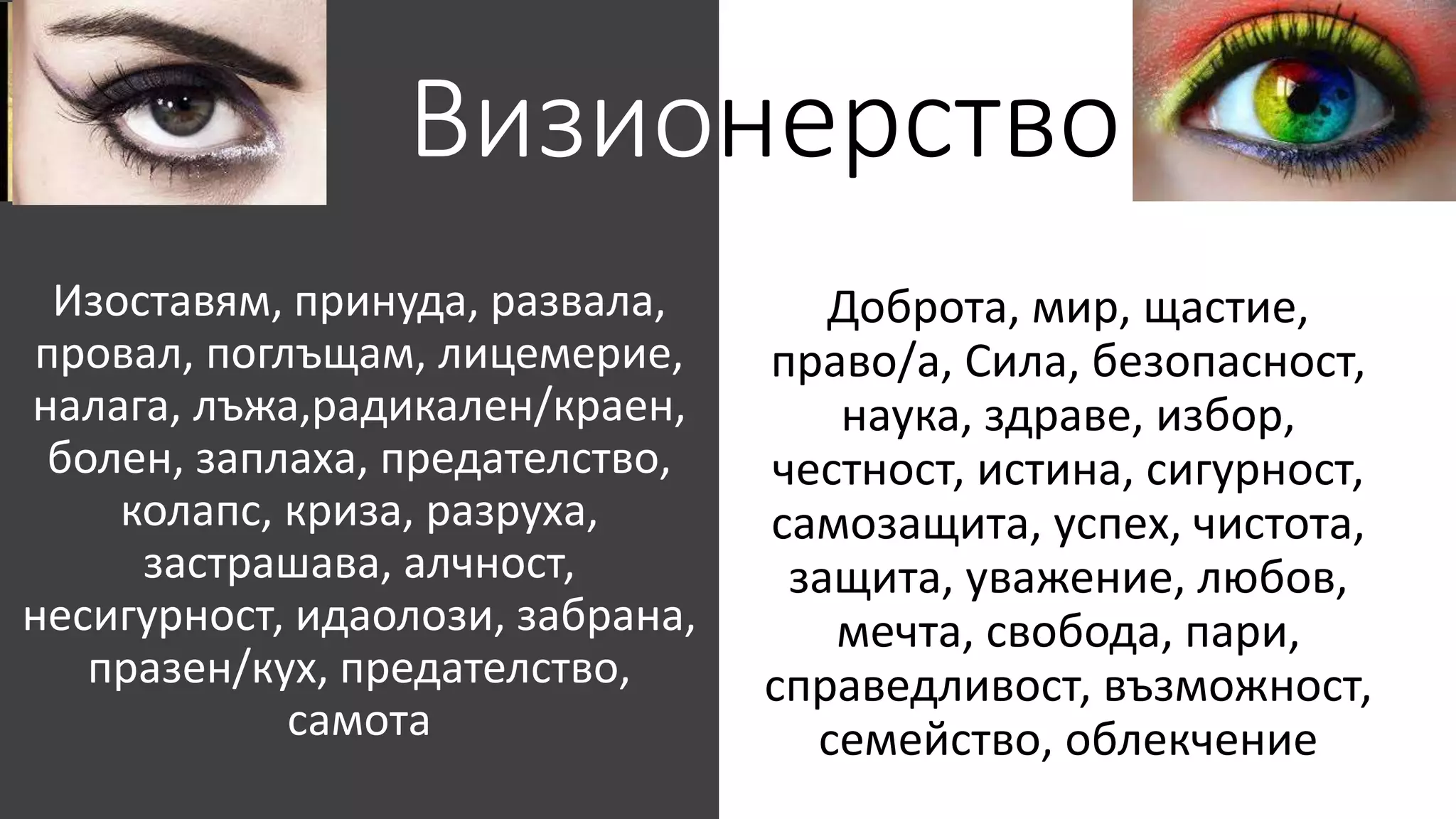 Изоставям, принуда, развала,
провал, поглъщам, лицемерие,
налага, лъжа,радикален/краен,
болен, заплаха, предателство,
колапс, криза, разруха,
застрашава, алчност,
несигурност, идаолози, забрана,
празен/кух, предателство,
самота
Доброта, мир, щастие,
право/а, Сила, безопасност,
наука, здраве, избор,
честност, истина, сигурност,
самозащита, успех, чистота,
защита, уважение, любов,
мечта, свобода, пари,
справедливост, възможност,
семейство, облекчение
Визионерство
 