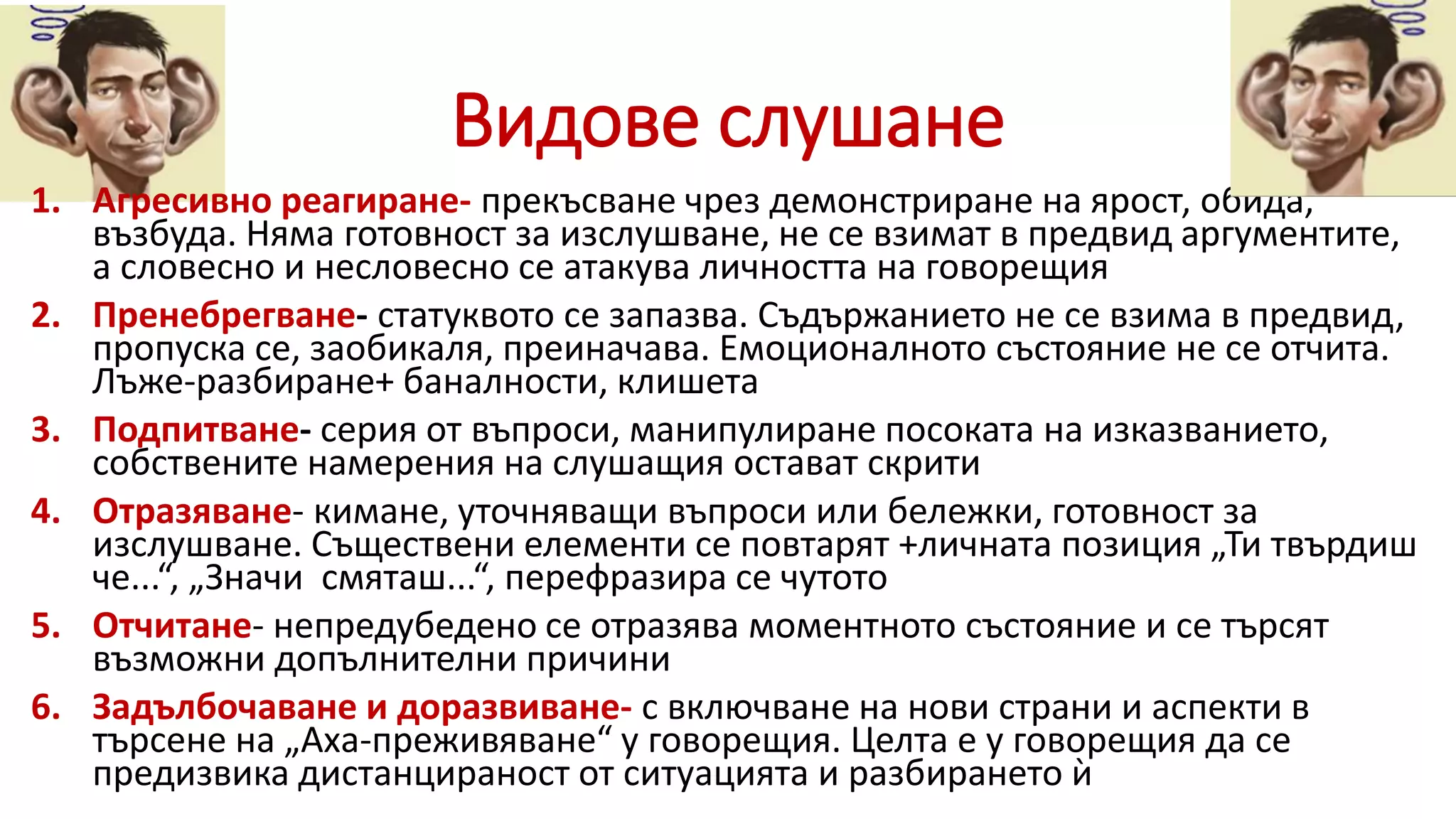 Видове слушане
1. Агресивно реагиране- прекъсване чрез демонстриране на ярост, обида,
възбуда. Няма готовност за изслушване, не се взимат в предвид аргументите,
а словесно и несловесно се атакува личността на говорещия
2. Пренебрегване- статуквото се запазва. Съдържанието не се взима в предвид,
пропуска се, заобикаля, преиначава. Емоционалното състояние не се отчита.
Лъже-разбиране+ баналности, клишета
3. Подпитване- серия от въпроси, манипулиране посоката на изказванието,
собствените намерения на слушащия остават скрити
4. Отразяване- кимане, уточняващи въпроси или бележки, готовност за
изслушване. Съществени елементи се повтарят +личната позиция „Ти твърдиш
че...“, „Значи смяташ...“, перефразира се чутото
5. Отчитане- непредубедено се отразява моментното състояние и се търсят
възможни допълнителни причини
6. Задълбочаване и доразвиване- с включване на нови страни и аспекти в
търсене на „Аха-преживяване“ у говорещия. Целта е у говорещия да се
предизвика дистанцираност от ситуацията и разбирането ѝ
 