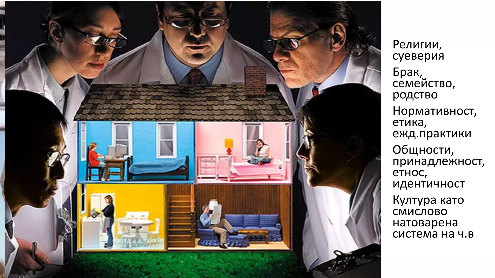 Антропология/Етнология Религии,
суеверия
Брак,
семейство,
родство
Нормативност,
етика,
ежд.практики
Общности,
принадлежност,
етнос,
идентичност
Култура като
смислово
натоварена
система на ч.в
 