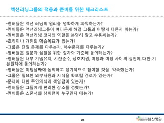 액션러닝그룹의 적응과 준비를 위한 체크리스트
•멤버들은 액션 러닝의 원리를 명확하게 파악하는가?
•멤버들은 액션러닝그룹이 여타문제 해결 그룹과 어떻게 다른지 아는가?
•멤버들은 액션러닝 코치의 역할을 분명히 알고 수용하는가?
•조직이나 개인의 학습목표가 있는가?
•그룹은 단일 문제를 다루는가, 복수문제를 다루는가?
•멤버들은 질문과 성찰을 위한 절차와 기준에 동의하는가?
•멤버들은 내부 기밀유지, 시간준수, 상호지원, 미팅과 미팅 사이의 실천에 대한 기
본원칙에 동의하는가?
•멤버들은 미팅날짜에 동의하고 정기적으로 참여할 것을 약속했는가?
•그룹은 필요한 외부자원과 지식을 확보할 경로가 있는가?
•문제에 대한 주인의식과 책임감이 있는가?
•멤버들은 그들에게 편리한 장소를 정했는가?
•멤버들은 스폰서와 챔피언이 누구인지 아는가?
26
 