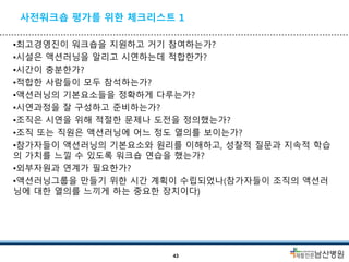 사전워크숍 평가를 위한 체크리스트 1
•최고경영진이 워크숍을 지원하고 거기 참여하는가?
•시설은 액션러닝을 알리고 시연하는데 적합한가?
•시간이 충분한가?
•적합한 사람들이 모두 참석하는가?
•액션러닝의 기본요소들을 정확하게 다루는가?
•시연과정을 잘 구성하고 준비하는가?
•조직은 시연을 위해 적절한 문제나 도전을 정의했는가?
•조직 또는 직원은 액션러닝에 어느 정도 열의를 보이는가?
•참가자들이 액션러닝의 기본요소와 원리를 이해하고, 성찰적 질문과 지속적 학습
의 가치를 느낄 수 있도록 워크숍 연습을 했는가?
•외부자원과 연계가 필요한가?
•액션러닝그룹을 만들기 위한 시간 계획이 수립되었나(참가자들이 조직의 액션러
닝에 대한 열의를 느끼게 하는 중요한 장치이다)
43
 
