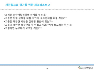 사전워크숍 평가를 위한 체크리스트 2
•조직은 전략개발범위에 한계를 두는가?
•그룹은 단일 문제를 다룰 것인가, 복수문제를 다룰 것인가?
•그룹은 제안한 사항을 실행할 권한이 있는가?
•그룹이 제안한 해결안을 우선 최고경영진에게 보고해야 하는가?
•그렇다면 누구에게 보고할 것인가?
44
 