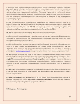 13
ο ανώτερος στην ιεραρχία επικρατεί (Αγαμέμνονας, Δίας), ο κατώτερος ιεραρχικά υποχωρεί
(Αχιλλέας, Ήρα), έχουν ίδιο ύφος (εριστικό, βίαιο), κεντρικό θέμα τους είναι η τιμή, σε στιγμές
κρίσης εκδηλώνεται συμφιλιωτική παρέμβαση (Νέστορας, Ήφαιστος), οι υπόλοιποι (στρατός,
θεοί) παρακολουθούν βουβοί. Διαφορές: η παρέμβαση του Ήφαιστου είναι πιο αποτελεσματική
από του Νέστορα, η υποχώρηση του Αχιλλέα είναι μικρή σε σύγκριση με την ολοκληρωτική
παραίτηση της Ήρας.
στ.573: Τη σοβαρότητα της συμφιλιωτικής παρέμβασης του Ήφαιστου διασπούν τα εξής: οι
κωμικές εικόνες (στ. 580-581 και 588) των επιχειρημάτων του, οι έντονα κωμικές εικόνες του
προσωπικού του παθήματος (στ. 591-594) και κυρίως η εικόνα του ως οινοχόου, ρόλος που
ταίριαζε σε σύμβολα αρμονίας και ομορφιάς, όπως ο Γανυμήδης ή η Ήβη.
στ. 585: το κωμικό στοιχείο της σκηνής → ο χωλός θεός σε ρόλο οινοχόου!
στ. 591: ο ποιητής προσαρμόζει μια γνωστή ιστορία στις ανάγκες της σκηνής. Σύμφωνα με την
παράδοση, η Ήρα είχε πετάξει τον Ήφαιστο από τον Όλυμπο και όχι ο Δίας· αυτό έγινε, όταν
γεννήθηκε ο δύσμορφος θεός (Σ 393 κ.εξ.).
στ. 595 : οι Σίντιες ήταν κάτοικοι της Λήμνου, μάλλον θρακικής καταγωγής· ο Στράβωνας τους
ταυτίζει με τους Σιντούς που κατοικούσαν στη Σιντική. Αυτοί περιέθαλψαν (στ. 594) τον
Ήφαιστο, όταν έπεσε με την ψυχή στο στόμα (ετοιμοθάνατος, αν και θεός! — έντονη η
αντίληψη του ανθρωπομορφισμού) στο νησί τους, που έκτοτε έγινε κέντρο λατρείας του θεού.
στ. 601: η σκηνή της έριδας της Ήρας με τον Δία δεν επινοήθηκε από τον ποιητή μόνο και μόνο
για να μας δώσει στοιχεία από τη ζωή και την οργάνωση-ιεραρχία της θεϊκής κοινότητας, αλλά
συμβάλλει αποφασιστικά και στην πλοκή του μύθου: η ανυποχώρητη στάση του Δία και η
υπογράμμιση της εξουσίας και της δύναμής του μας βεβαιώνουν ότι θα τηρήσει την υπόσχεσή
του προς τη Θέτιδα και είμαστε έτοιμοι να δούμε πλέον πώς θα γίνει αυτό, ώστε να δικαιωθεί ο
Αχιλλέας.
στ. 602 κ. εξ: το χαρούμενο συμπόσιο με το οποίο κλείνει η σκηνή στον Όλυμπο μας δείχνει ότι
η ζωή των θεών είναι ανέμελη, χωρίς βάσανα, και οι συγκρούσεις και οι μικροδιαφορές μεταξύ
τους δε διαρκούν πολύ.
στ. 604»…του Φοίβου…»: η ραψωδία άρχισε με την εικόνα του Απόλλωνα ως θεού τιμωρού με
φαρέτρα και βέλη. Εδώ έχουμε την εντελώς αντίθετη εικόνα του: είναι ο θεός της μουσικής,
που συνοδεύει με την κιθάρα του το τραγούδι των Μουσών.
Βιβλιογραφία- Δικτυογραφία
 