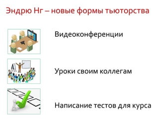 Эндрю Нг – новые формы тьюторства
Видеоконференции
Уроки своим коллегам
Написание тестов для курса
 