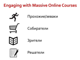 Engaging with Massive Online Courses
Прохожие/зеваки
Собиратели
Зрители
Решатели
 