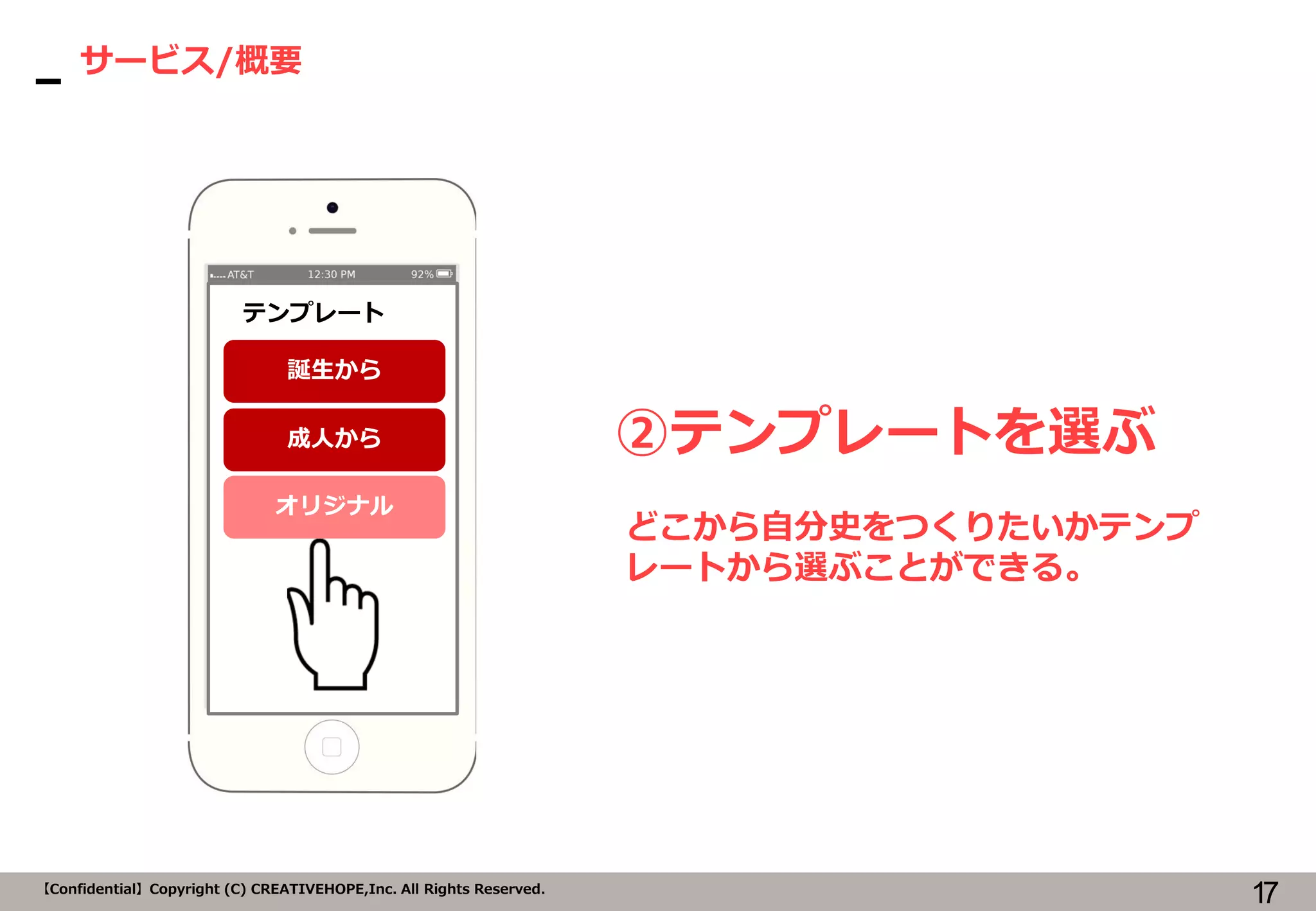 17【Confidential】Copyright (C) CREATIVEHOPE,Inc. All Rights Reserved.
サービス/概要
②テンプレートを選ぶ
テンプレート
誕生から
成人から
オリジナル
どこから自分史をつくりたいかテンプ
レートから選ぶことができる。
 