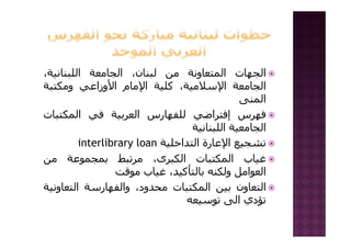 ‫اﻟﺠﻬﺎت‬‫اﻟﻤﺘﻌﺎوﻧﺔ‬‫ﻣﻦ‬،‫ﻟﺒﻨﺎن‬‫اﻟﺠﺎﻣﻌﺔ‬،‫اﻟﻠﺒﻨﺎﻧﻴﺔ‬
‫اﻟﺠﺎﻣﻌﺔ‬،‫اﻹﺳﻼﻣﻴﺔ‬‫آﻠﻴﺔ‬‫اﻹﻣﺎم‬‫اﻷوزاﻋﻲ‬‫وﻣﻜﺘﺒﺔ‬
‫اﻟ‬‫اﻟﻤﻨﻰ‬
‫ﻓﻬﺮس‬‫إﻓﺘﺮاﺿﻲ‬‫ﻟﻠﻔﻬﺎرس‬‫اﻟﻌﺮﺑﻴﺔ‬‫ﻓﻲ‬‫اﻟﻤﻜﺘﺒﺎت‬
‫ﺎ‬ ‫اﻟ‬‫ﺎ‬ ‫اﻟﻠ‬ ‫اﻟﺠﺎﻣﻌﻴﺔ‬‫اﻟﻠﺒﻨﺎﻧﻴﺔ‬
‫ﺗﺸﺠﻴﻊ‬‫اﻹﻋﺎرة‬‫اﻟﺘﺪاﺧﻠﻴﺔ‬interlibrary loan
‫ﻏﻴﺎب‬‫اﻟﻤﻜﺘﺒﺎت‬،‫اﻟﻜﺒﺮى‬‫ﻣﺮﺗﺒﻂ‬‫ﺑﻤﺠﻤﻮﻋﺔ‬‫ﻣﻦ‬
‫اﻟﻌﻮاﻣﻞ‬‫وﻟﻜﻨﻪ‬،‫ﺑﺎﻟﺘﺄآﻴﺪ‬‫ﻏﻴﺎب‬‫ﻣﻮﻗﺖ‬
‫اﻟﺘﻌﺎون‬‫ﺑﻴﻦ‬‫اﻟﻤﻜﺘﺒﺎت‬،‫ﻣﺤﺪود‬‫واﻟﻔﻬﺎرﺳﺔ‬‫اﻟﺘﻌﺎوﻧﻴﺔ‬
‫ﺗﺆدي‬‫اﻟﻰ‬‫ﺗﻮﺳﻴﻌﻪ‬
 