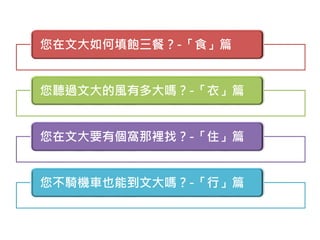 您在文大如何填飽三餐？-「食」篇
您聽過文大的風有多大嗎？-「衣」篇
您在文大要有個窩那裡找？-「住」篇
您不騎機車也能到文大嗎？-「行」篇
 