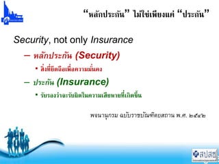 Free Powerpoint Templates Page 3
“หลักประกัน” ไม่ใช่เพียงแค่ “ประกัน”
Security, not only Insurance
– หลักประกัน (Security)
• สิ่งที่ยึดถือเพื่อความมั่นคง
– ประกัน (Insurance)
• รับรองว่าจะรับผิดในความเสียหายที่เกิดขึ้น
พจนานุกรม ฉบับราชบัณฑิตยสถาน พ.ศ. ๒๕๔๒
 
