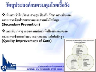 63
เพิ่มการเข้าถึงบริการ ควบคุม ป้ องกัน รักษา ภาวะเสี่ยงและ
ภาวะแทรกซ้อนโรคเบาหวานและความดันโลหิตสูง
(Secondary Prevention)
ยกระดับมาตรฐานคุณภาพบริการเพื่อป้ องกันและชะลอ
ภาวะแทรกซ้อนจากโรคเบาหวานและความดันโลหิตสูง
(Quality Improvement of Care)
 