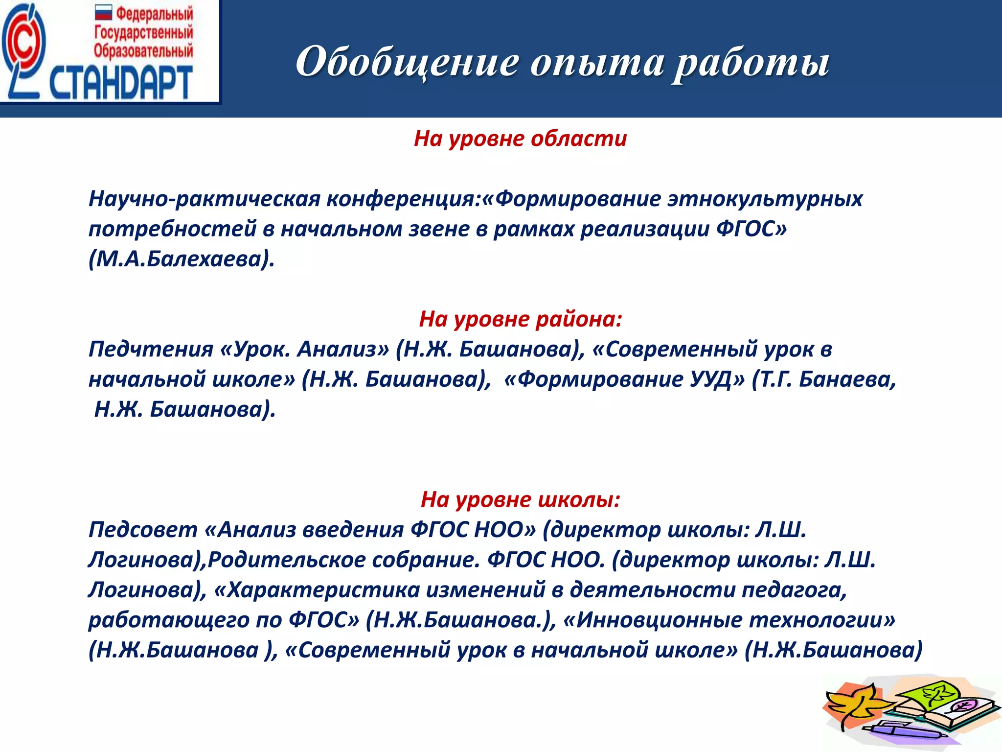 Обобщение опыта работы
На уровне области
Научно-рактическая конференция:«Формирование этнокультурных
потребностей в начальном звене в рамках реализации ФГОС»
(М.А.Балехаева).
На уровне района:
Педчтения «Урок. Анализ» (Н.Ж. Башанова), «Современный урок в
начальной школе» (Н.Ж. Башанова), «Формирование УУД» (Т.Г. Банаева,
Н.Ж. Башанова).
На уровне школы:
Педсовет «Анализ введения ФГОС НОО» (директор школы: Л.Ш.
Логинова),Родительское собрание. ФГОС НОО. (директор школы: Л.Ш.
Логинова), «Характеристика изменений в деятельности педагога,
работающего по ФГОС» (Н.Ж.Башанова.), «Инновционные технологии»
(Н.Ж.Башанова ), «Современный урок в начальной школе» (Н.Ж.Башанова)
 