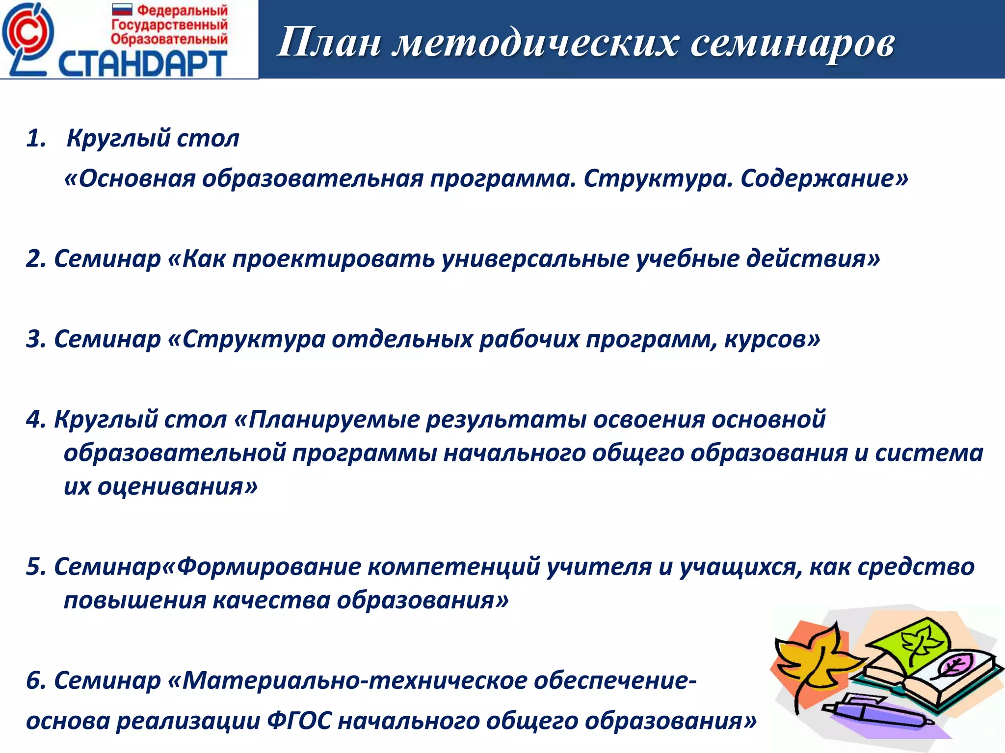 1. Круглый стол
«Основная образовательная программа. Структура. Содержание»
2. Семинар «Как проектировать универсальные учебные действия»
3. Семинар «Структура отдельных рабочих программ, курсов»
4. Круглый стол «Планируемые результаты освоения основной
образовательной программы начального общего образования и система
их оценивания»
5. Семинар«Формирование компетенций учителя и учащихся, как средство
повышения качества образования»
6. Семинар «Материально-техническое обеспечение-
основа реализации ФГОС начального общего образования»
План методических семинаров
 