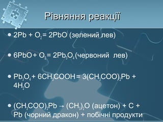 Рівняння реакціїРівняння реакції
2Pb + O2 = 2PbO (зелений лев)
6PbO+ O2 = 2Pb3O4 (червоний лев)
Pb3O4 + 6CH3COOH= 3(CH3COO)2Pb +
4H2O
(CH3COO)2Pb → (СH3)2O (ацетон) + С +
Pb (чорний дракон) + побічні продукти
 