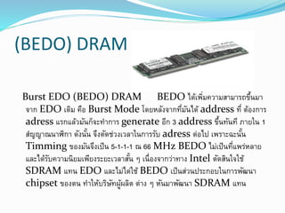 (BEDO) DRAM
Burst EDO (BEDO) DRAM BEDO ได้เพิ่มความสามารถขึ้นมา
จาก EDO เดิม คือ Burst Mode โดยหลังจากที่มันได้ address ที่ ต้องการ
adress แรกแล้วมันก็จะทาการ generate อีก 3 address ขึ้นทันที ภายใน 1
สญญาณนาฬิกา ดังนั้น จึงตัดช่วงเวลาในการรับ adress ต่อไป เพราะฉะนั้น
Timming ของมันจึงเป็น 5-1-1-1 ณ 66 MHz BEDO ไม่เป็นที่แพร่หลาย
และได้รับความนิยมเพียงระยะเวลาสั้น ๆ เนื่องจากว่าทาง Intel ตัดสินใจใช้
SDRAM แทน EDO และไม่ได่ใช้ BEDO เป็นส่วนประกอบในการพัฒนา
chipset ของตน ทาให้บริษัทผู้ผลิต ต่าง ๆ หันมาพัฒนา SDRAM แทน
 