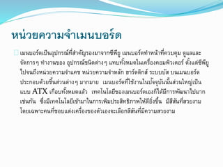 หน่วยความจาเมนบอร์ด
เมนบอร์ดเป็นอุปกรณ์ที่สาคัญรองมาจากซีพียู เมนบอร์ดทาหน้าที่ควบคุม ดูแลและ
จัดการๆ ทางานของ อุปกรณ์ชนิดต่างๆ แทบทั้งหมดในเครื่องคอมพิวเตอร์ ตั้งแต่ซีพียู
ไปจนถึงหน่วยความจาแคช หน่วยความจาหลัก ฮาร์ดดิกส์ ระบบบัส บนเมนบอร์ด
ประกอบด้วยชิ้นส่วนต่างๆ มากมาย เมนบอร์ดที่ใช้งานในปัจจุบันนั้นส่วนใหญ่เป็น
แบบ ATX เกือบทั้งหมดแล้ว เทคโนโลยีของเมนบอร์ดเองก็ได้มีการพัฒนาไปมาก
เช่นกัน ซึ่งมีเทคโนโลยีเข้ามาในการเพิมประสิทธิภาพให้ดียิ่งขึ้น มีสีสันที่สวยงาม
โดยเฉพาะคนที่ชอบแต่งเครื่องของตัวเองจะเลือกสีสันที่มีความสวยงาม
 