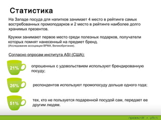 Статистика
На Западе посуда для напитков занимает 4 место в рейтинге самых
востребованных промоподарков и 2 место в рейтинге наиболее долго
хранимых презентов.
Кружки занимают первое место среди полезных подарков, получатели
которых помнят нанесенный на предмет бренд.
(Исследование ассоциации BPMA, Великобритания).
51% тех, кто не пользуется подаренной посудой сам, передает
ее другим людям.
21% опрошенных с удовольствием используют
брендированную посуду;
21
%
Согласно опросам института ASI (США):
26% респондентов используют промопосуду дольше одного года;
21
%
 