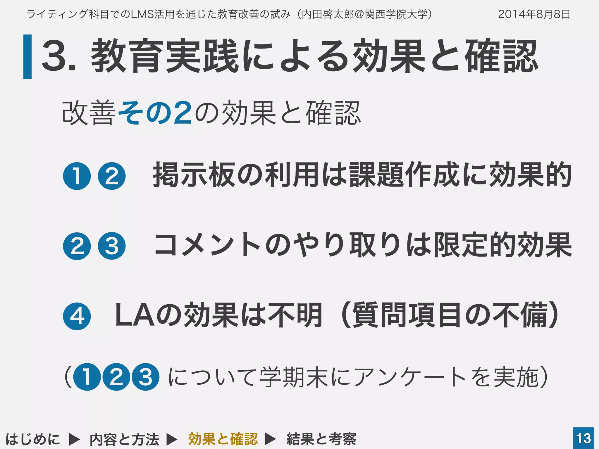 ライティング科目でのLMS活用を通じた教育改善の試み（内田啓太郎＠関西学院大学） 2014年8月8日
3. 教育実践による効果と確認
13はじめに ▲ 内容と方法 ▲ 効果と確認 ▲ 結果と考察
•  掲示板の利用は課題作成に効果的
•  コメントのやり取りは限定的効果
•LAの効果は不明（質問項目の不備）
1
2
4
4
改善その2の効果と確認
●3
（ について学期末にアンケートを実施）●3●2
●2
●1
 